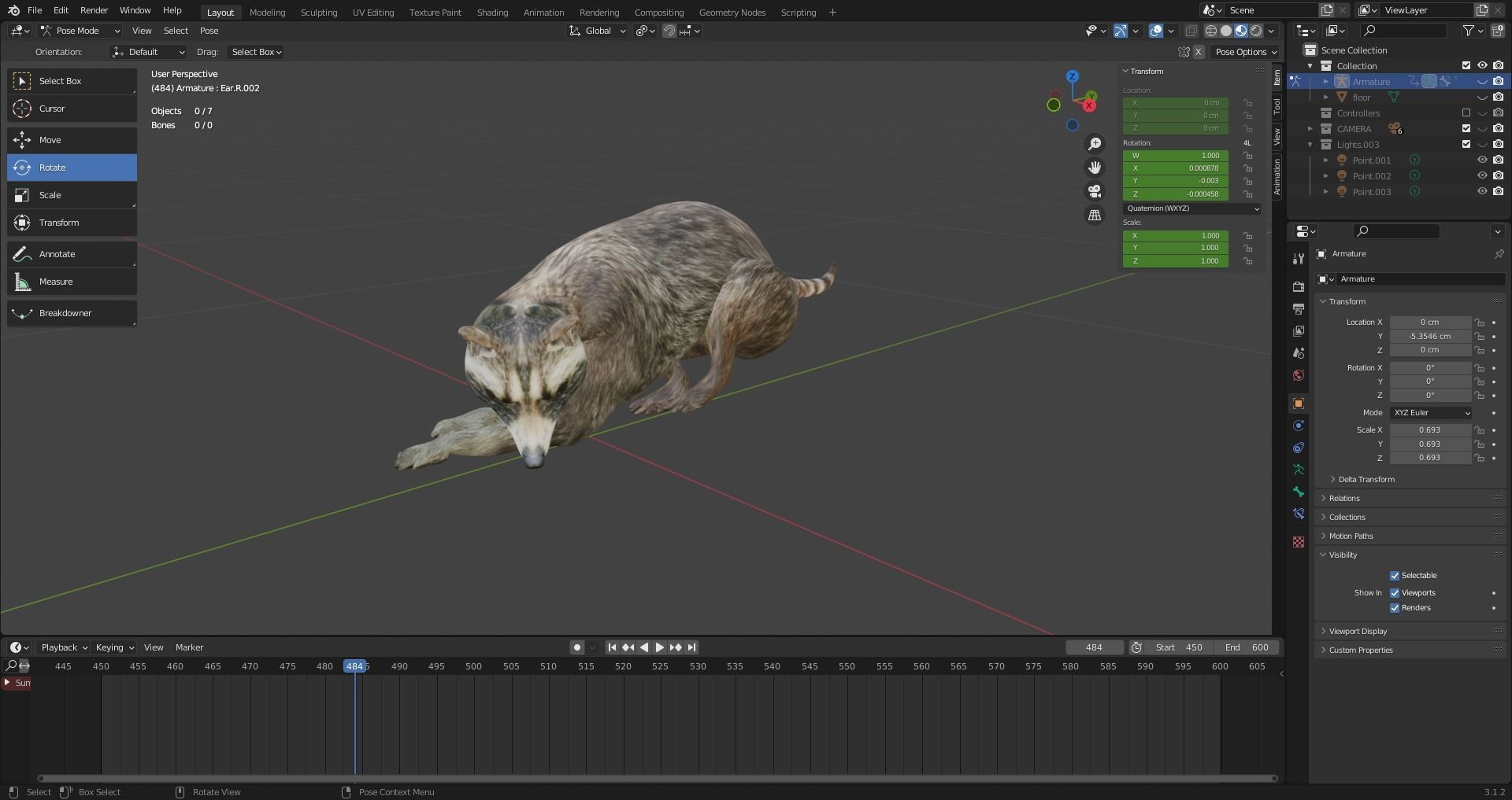 3D Fur Raccoon Rigged in Blender Low-poly 3D model_15