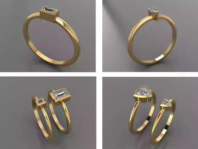 Rings collection 3D Print 3D print model 3D model four different gold wedding with baguette cut diamonds