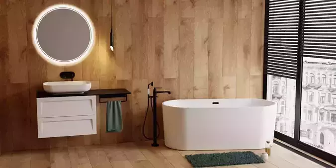 Scene Bathroom With Bathtub And Cabinet