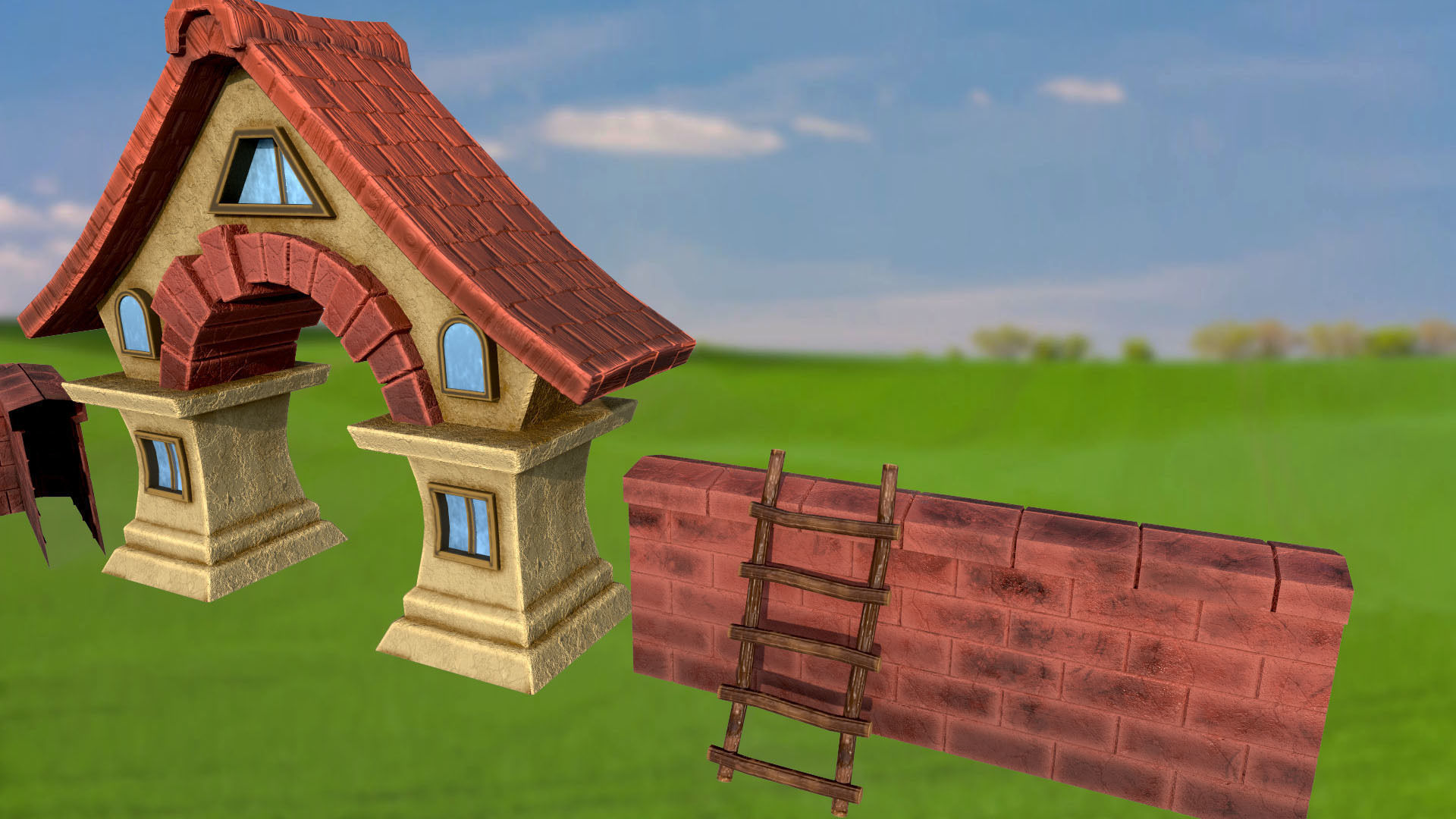 Stylized stone fence with an arch and a house PBR game ready Low-poly 3D model_2