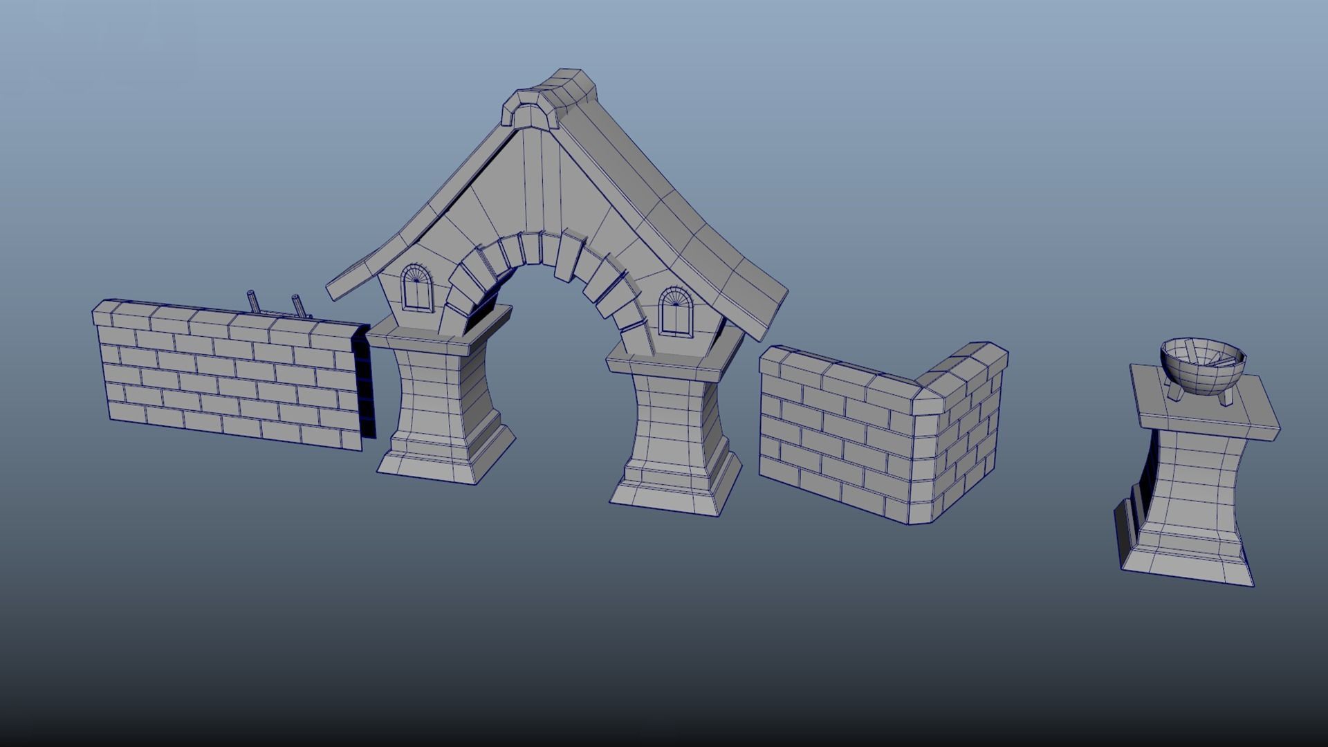 Stylized stone fence with an arch and a house PBR game ready Low-poly 3D model_7