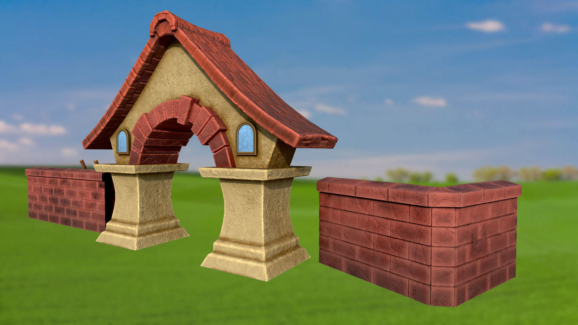 Stylized stone fence with an arch and a house PBR game ready Low-poly 3D model_3