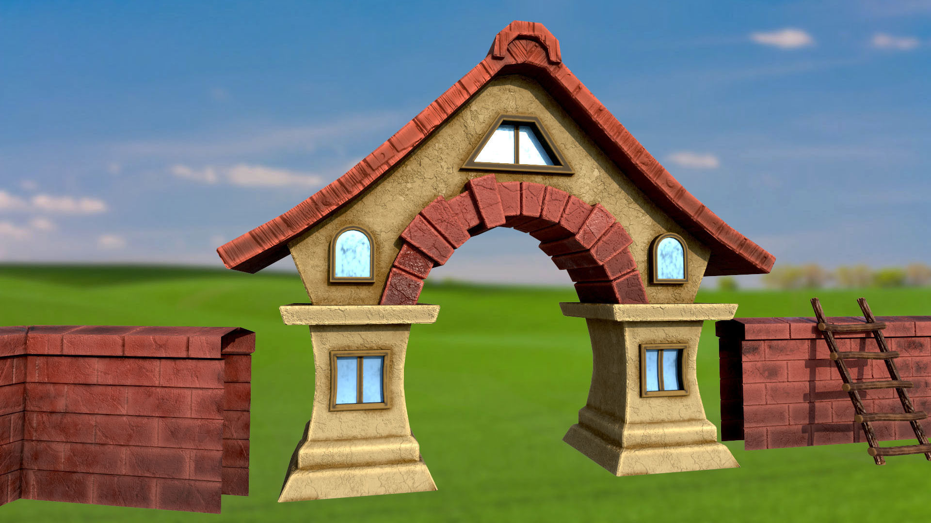 Stylized stone fence with an arch and a house PBR game ready Low-poly 3D model_1