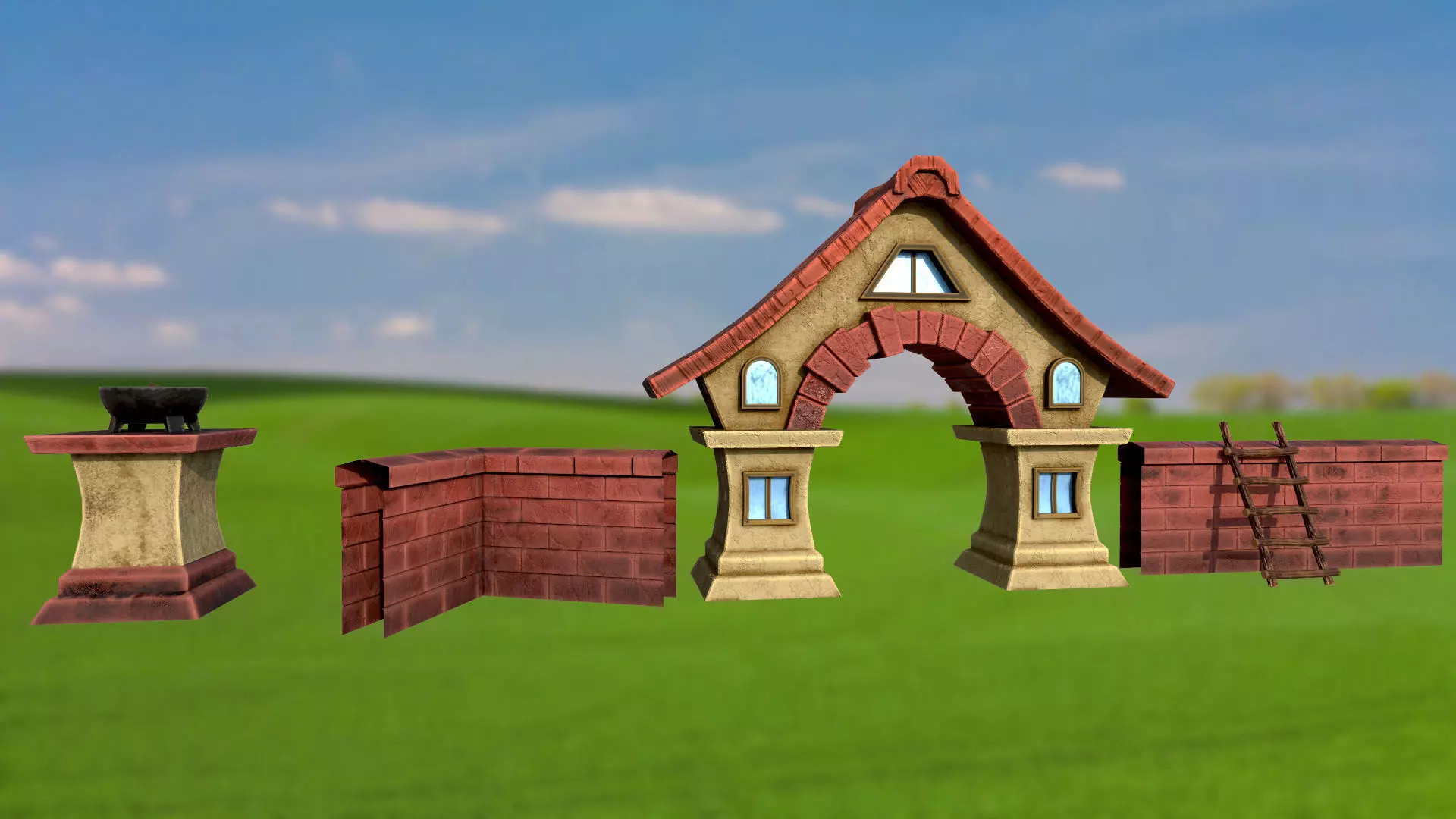Stylized stone fence with an arch and a house PBR game ready Low-poly 3D model_0