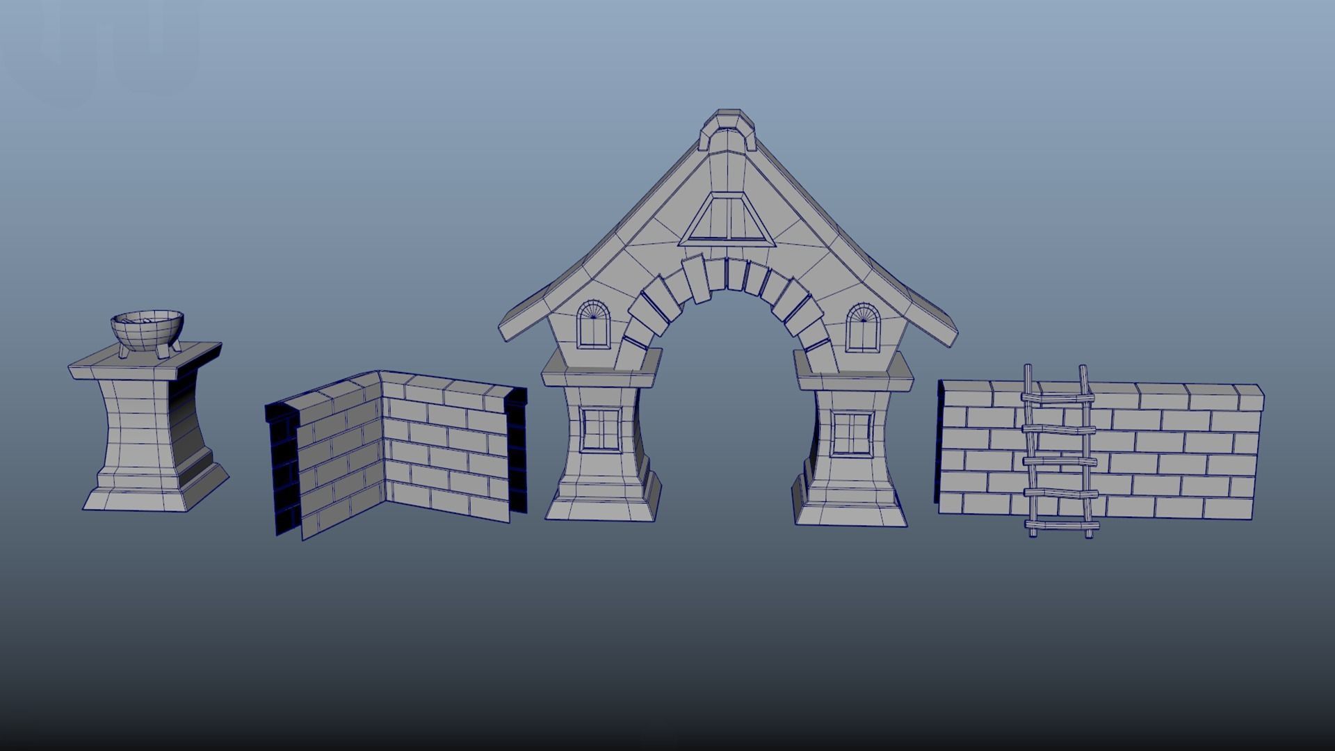 Stylized stone fence with an arch and a house PBR game ready Low-poly 3D model_6
