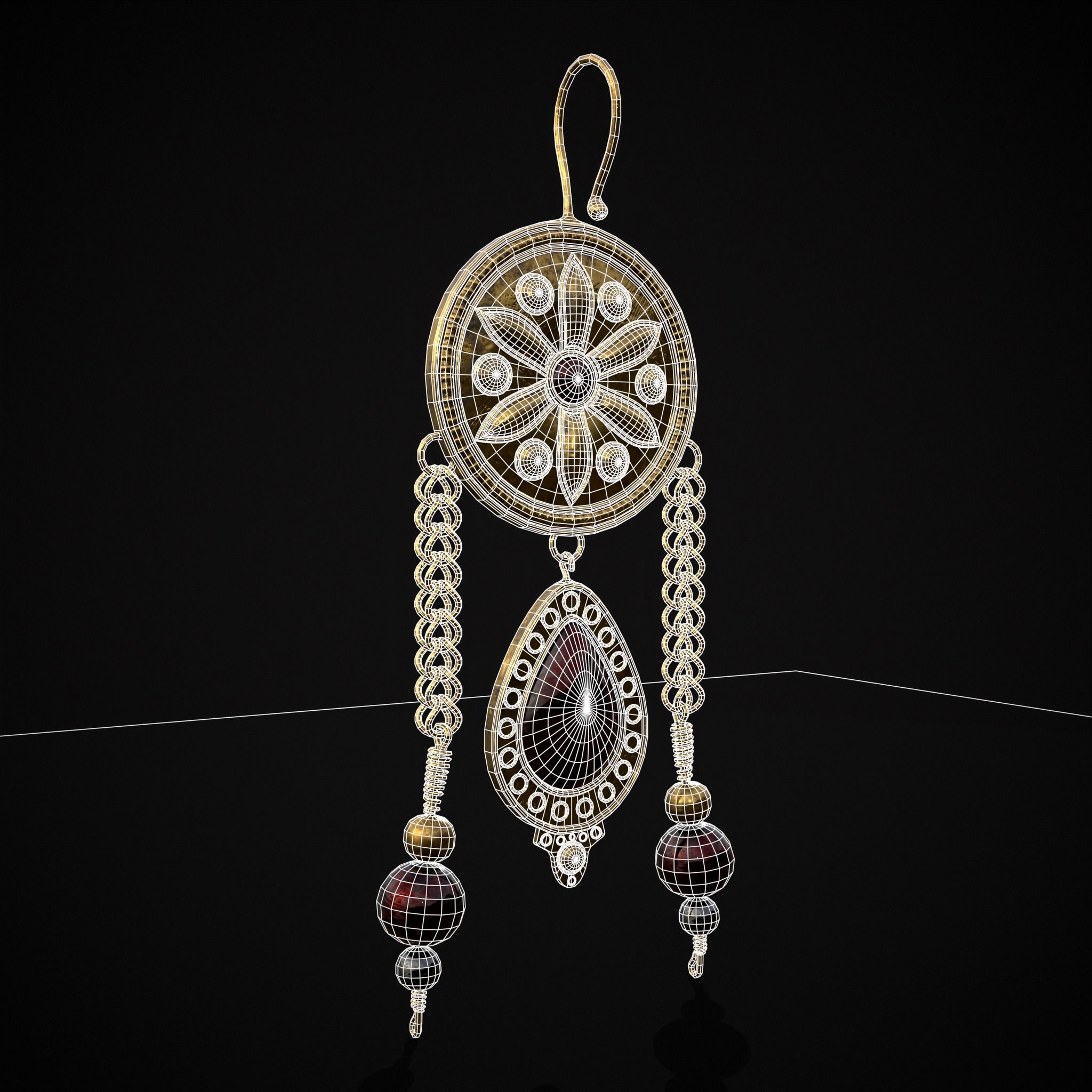 Ornate Gold Ruby Chandelier Earring Low-poly 3D model_2