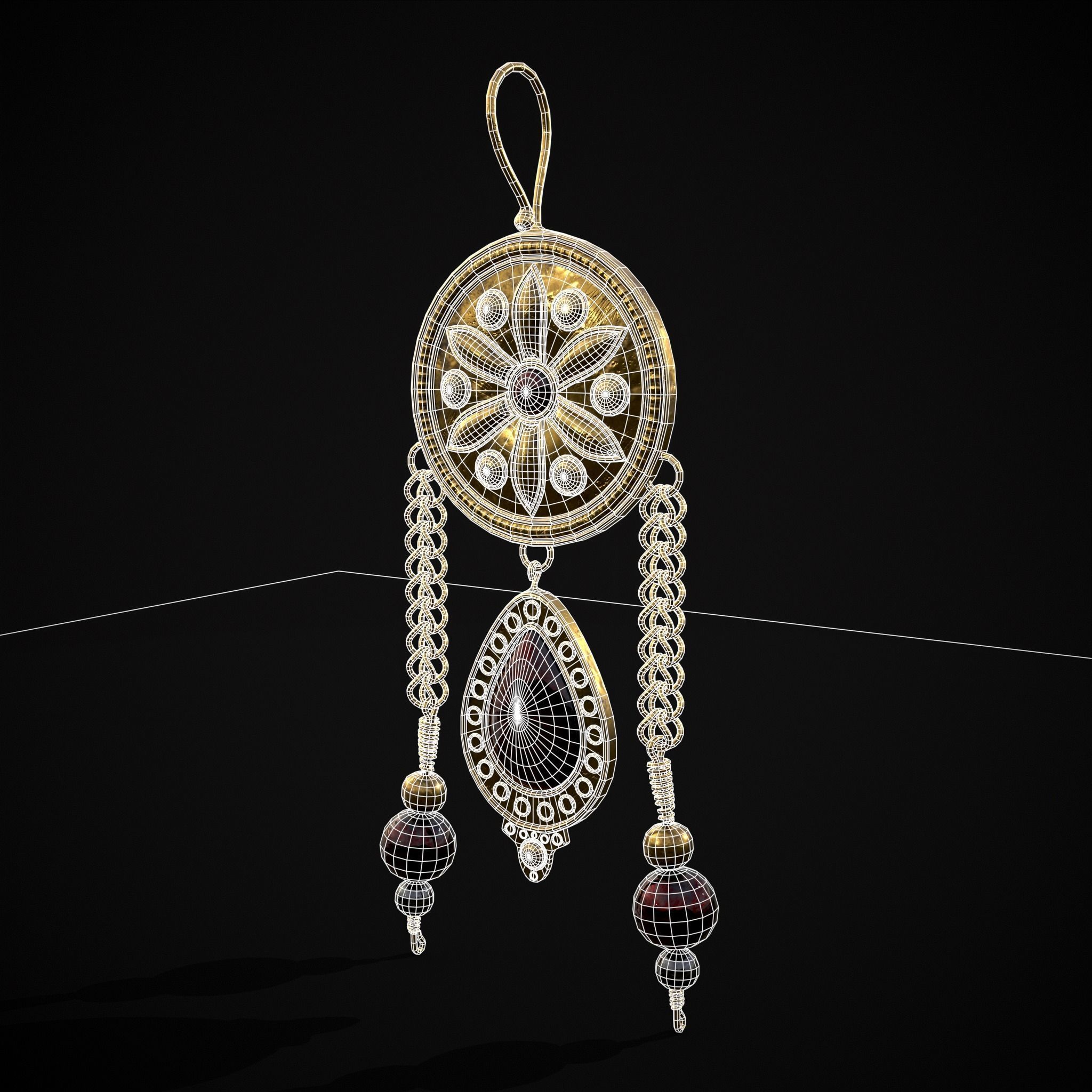 Ornate Gold Ruby Chandelier Earring Low-poly 3D model_30