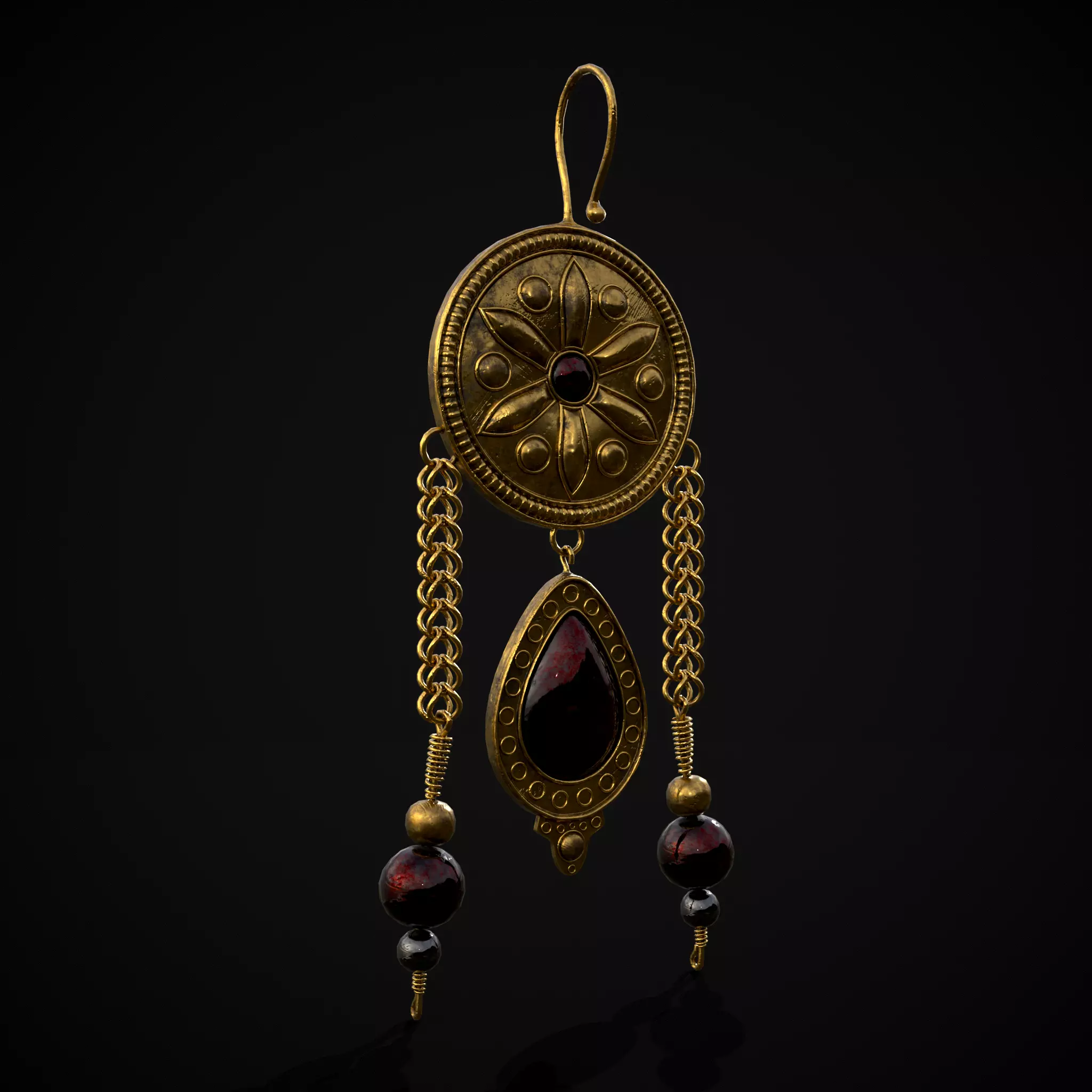 Ornate Gold Ruby Chandelier Earring Low-poly 3D model_0