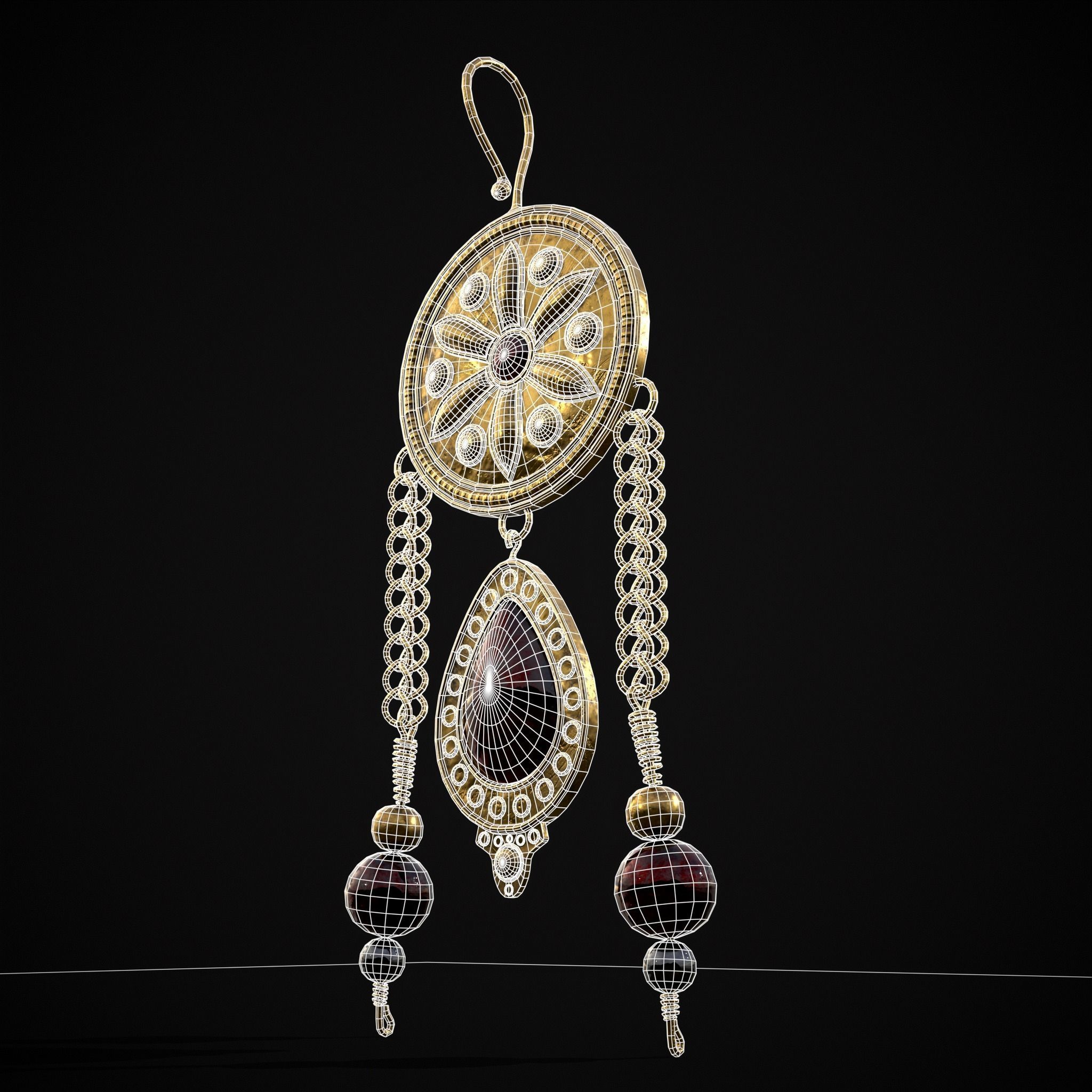 Ornate Gold Ruby Chandelier Earring Low-poly 3D model_4