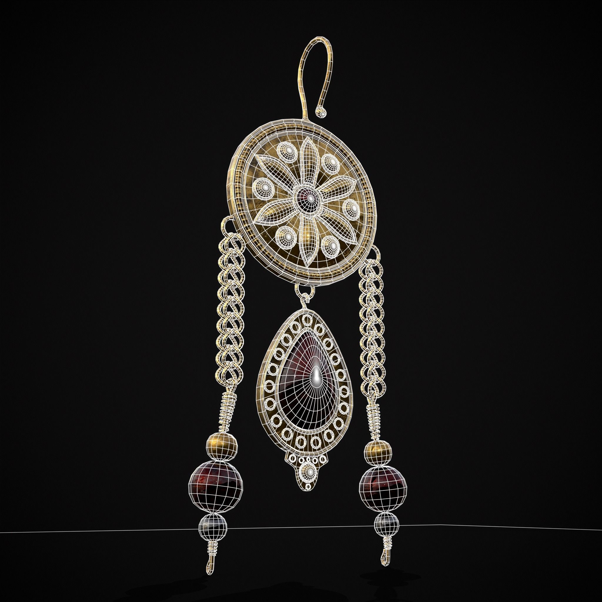 Ornate Gold Ruby Chandelier Earring Low-poly 3D model_26