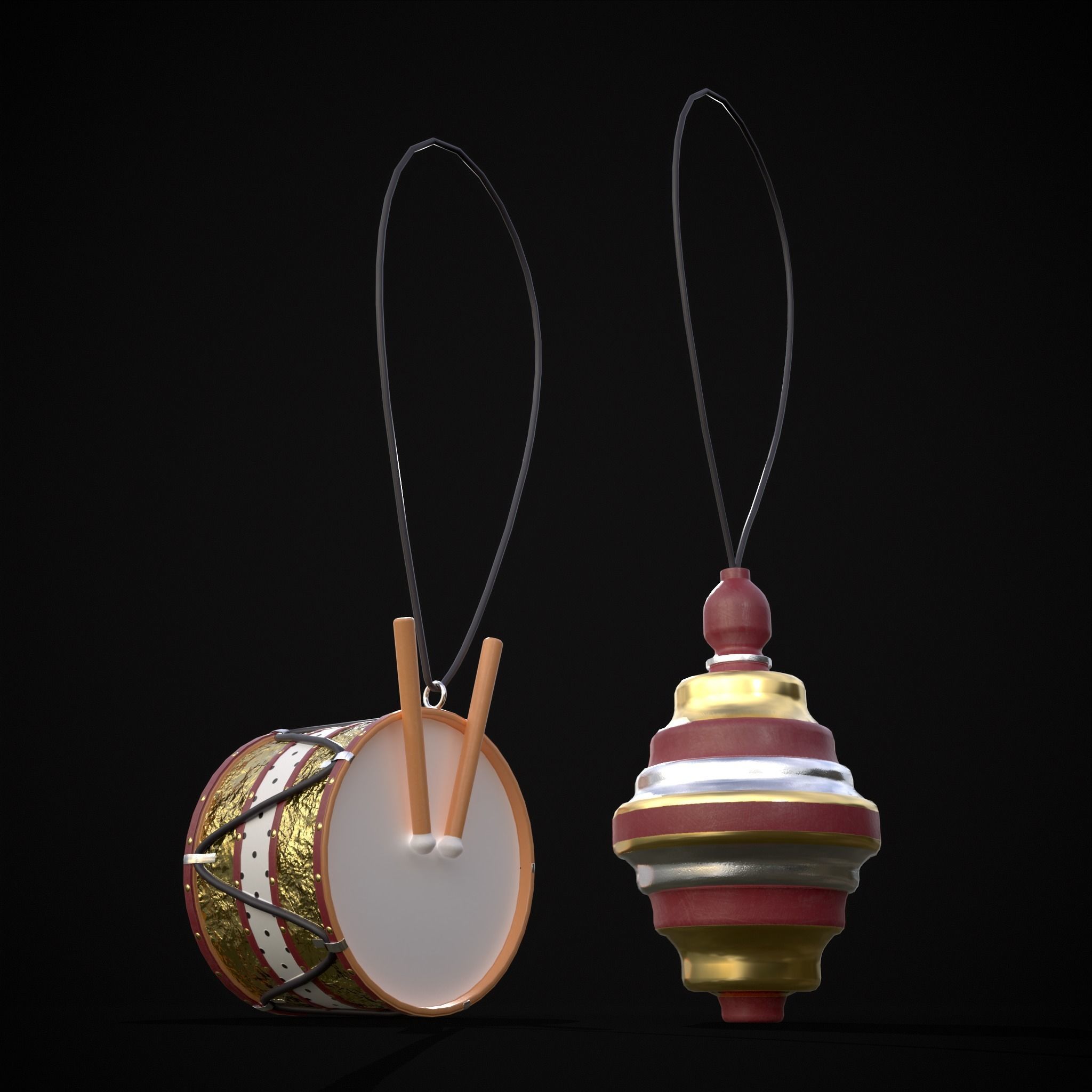Drum And Top Christmas Tree Ornament Low-poly 3D model_7