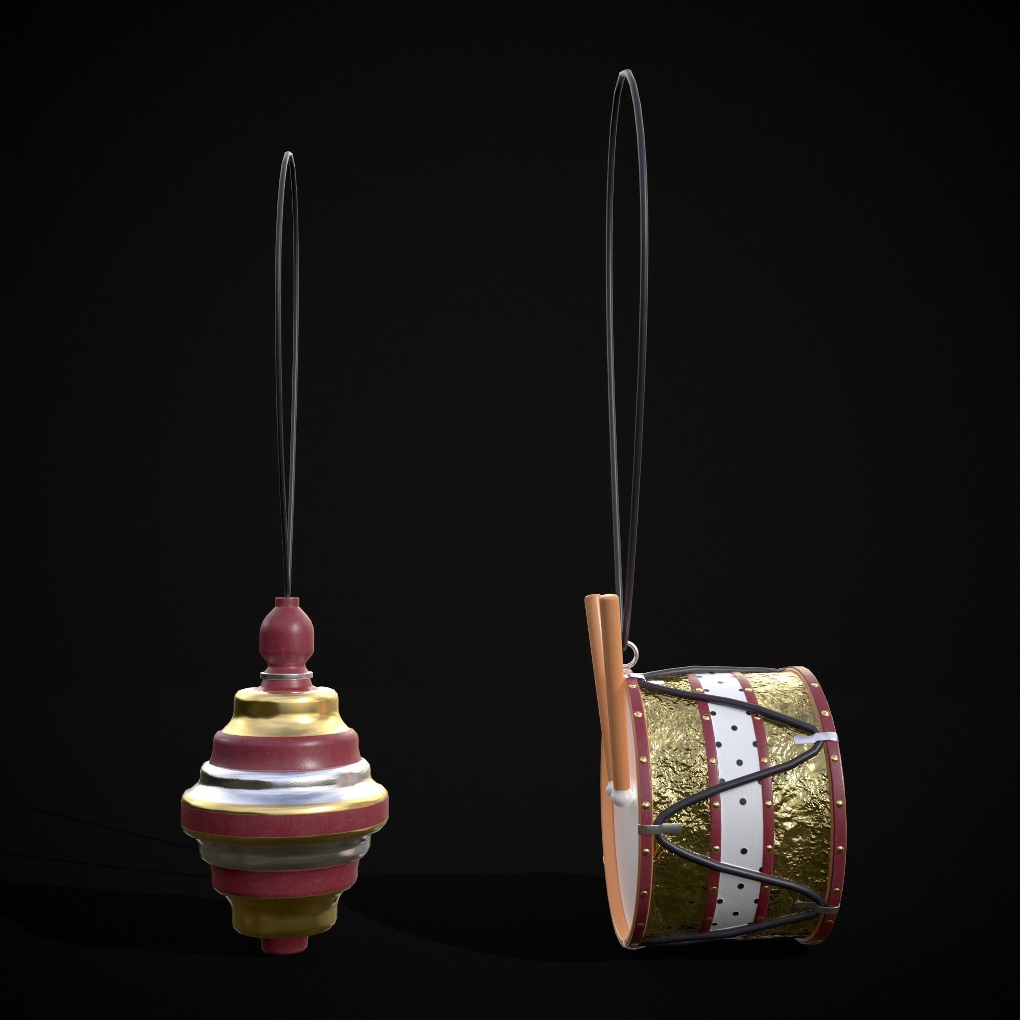 Drum And Top Christmas Tree Ornament Low-poly 3D model_5