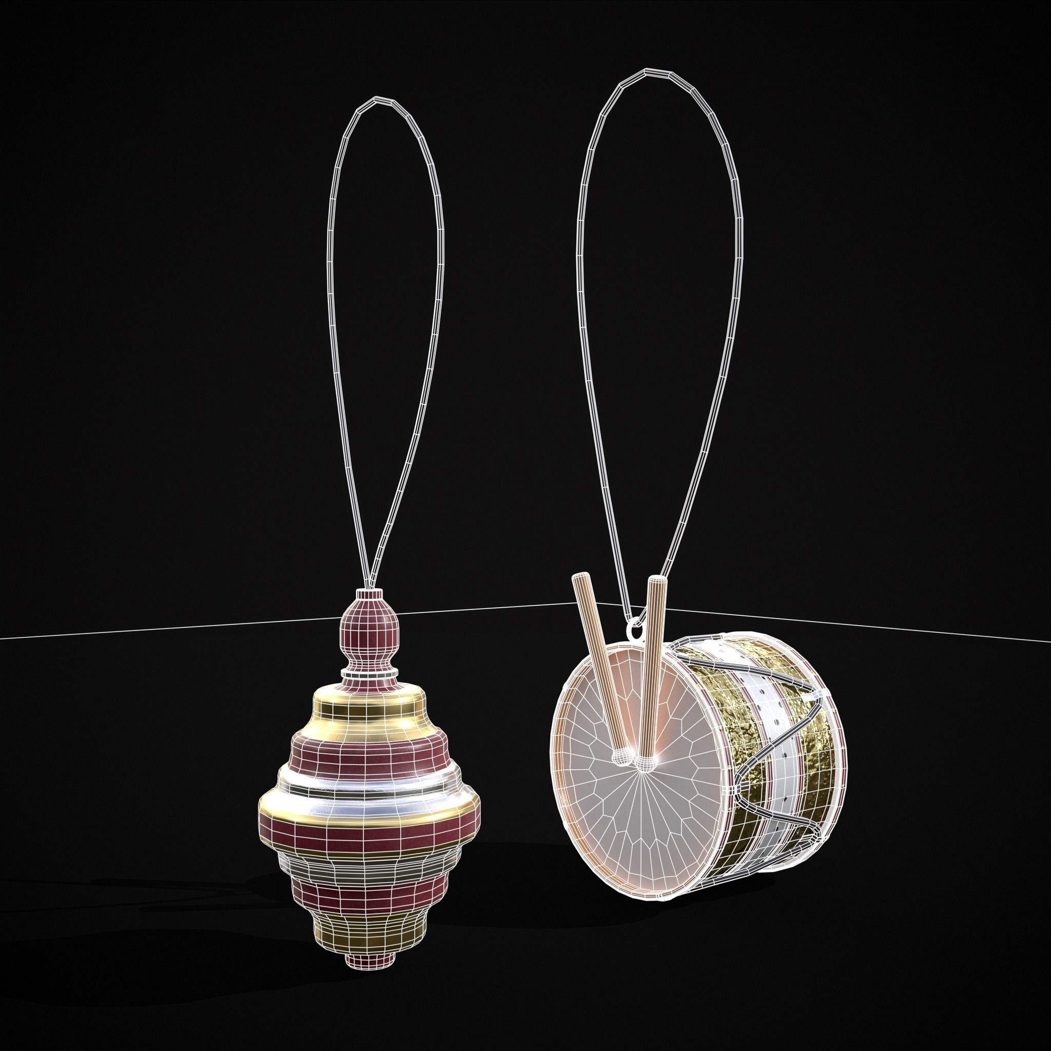 Drum And Top Christmas Tree Ornament Low-poly 3D model_2