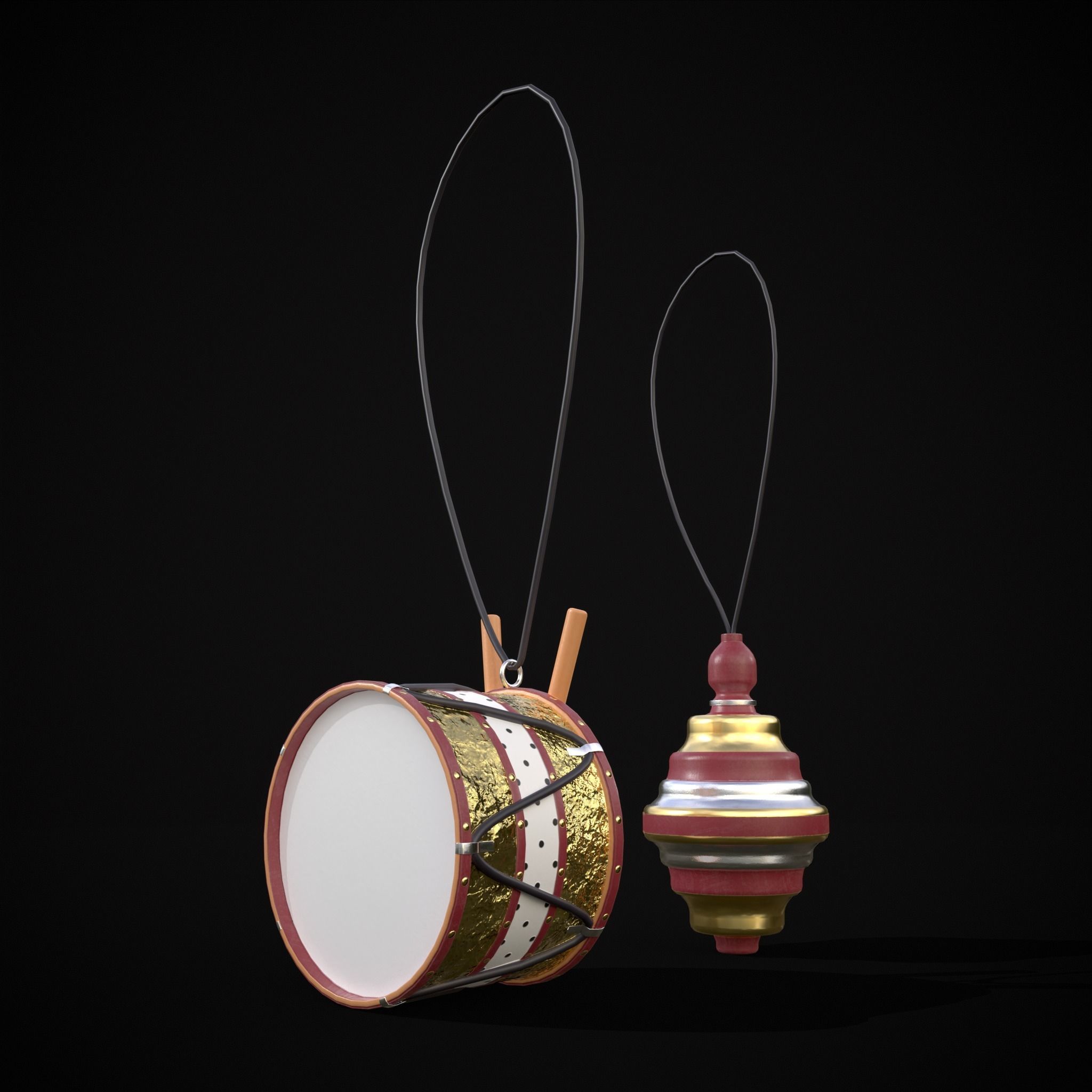 Drum And Top Christmas Tree Ornament Low-poly 3D model_3