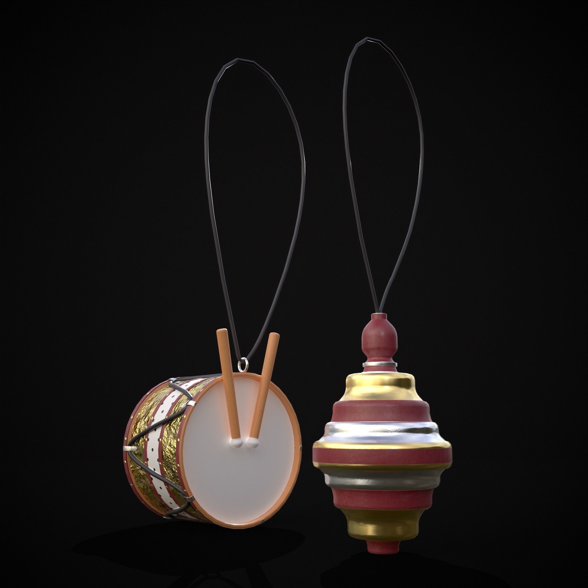 Drum And Top Christmas Tree Ornament Low-poly 3D model_29