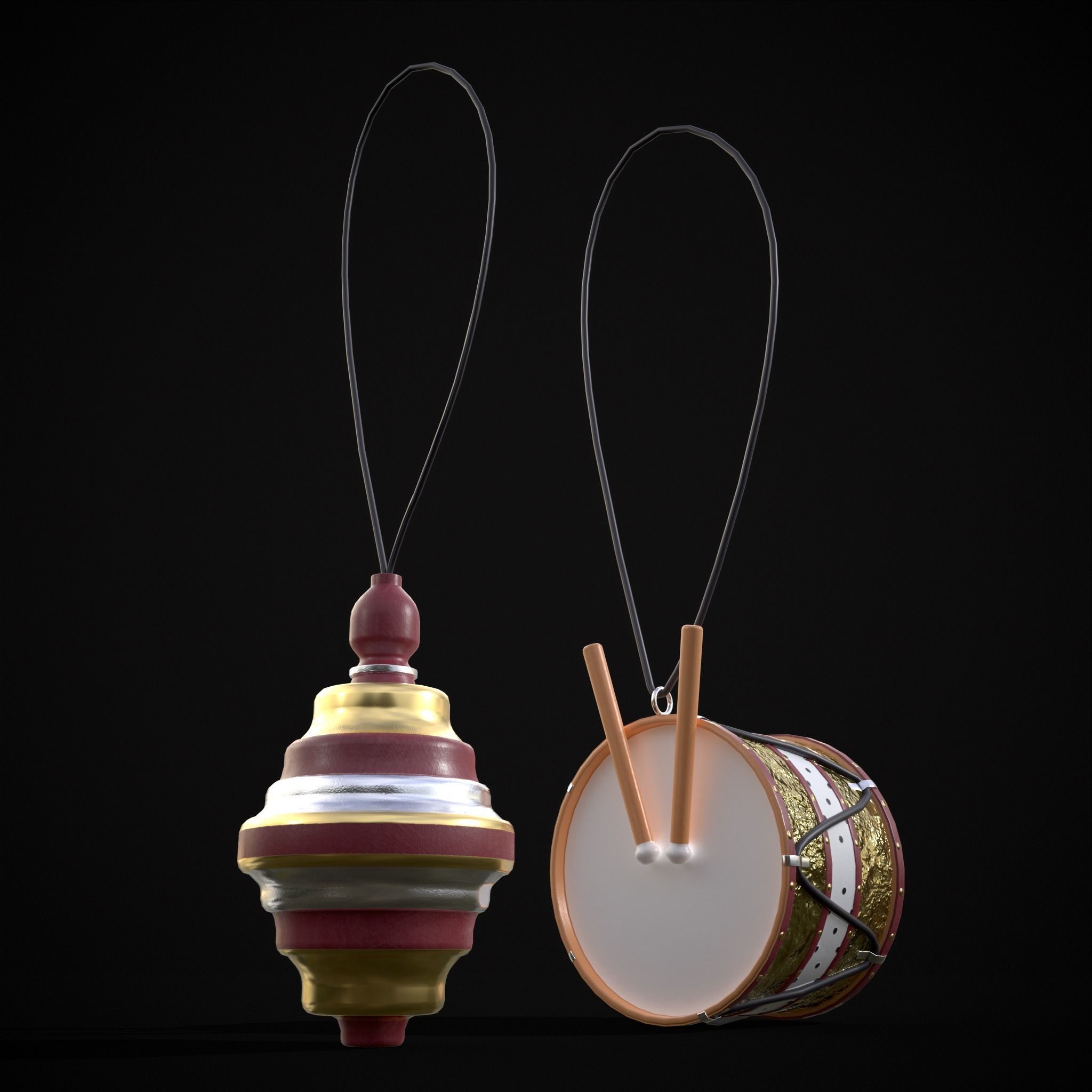 Drum And Top Christmas Tree Ornament Low-poly 3D model_13