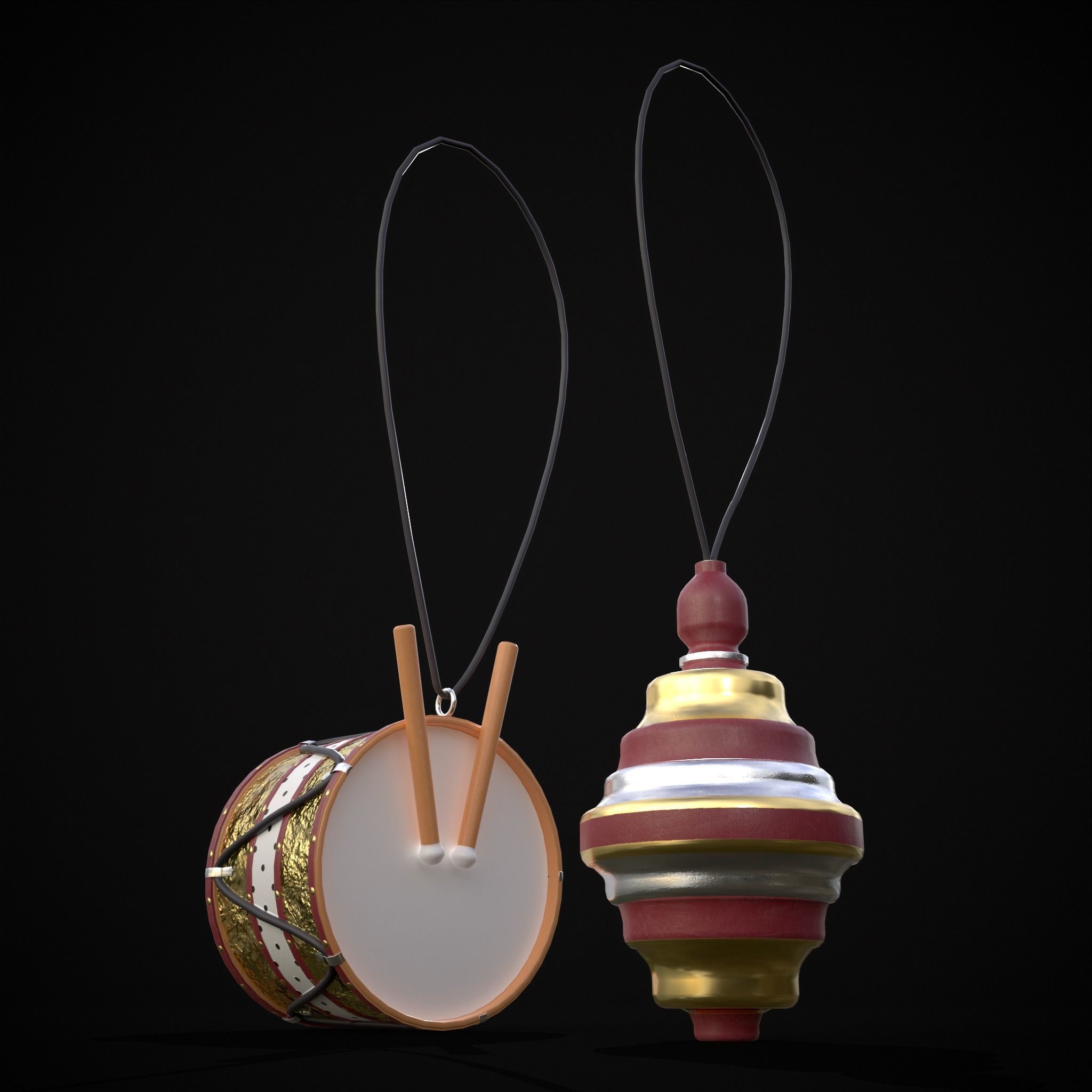Drum And Top Christmas Tree Ornament Low-poly 3D model_11