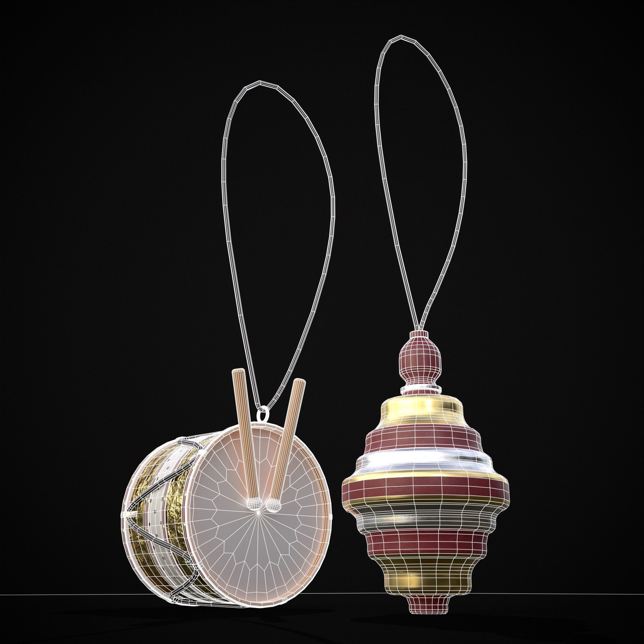 Drum And Top Christmas Tree Ornament Low-poly 3D model_12