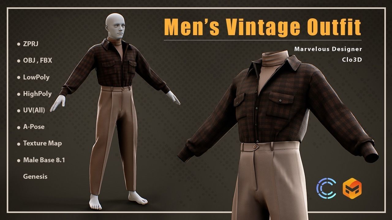 Low Poly Men Vintage Outfit Low-poly 3D model_2