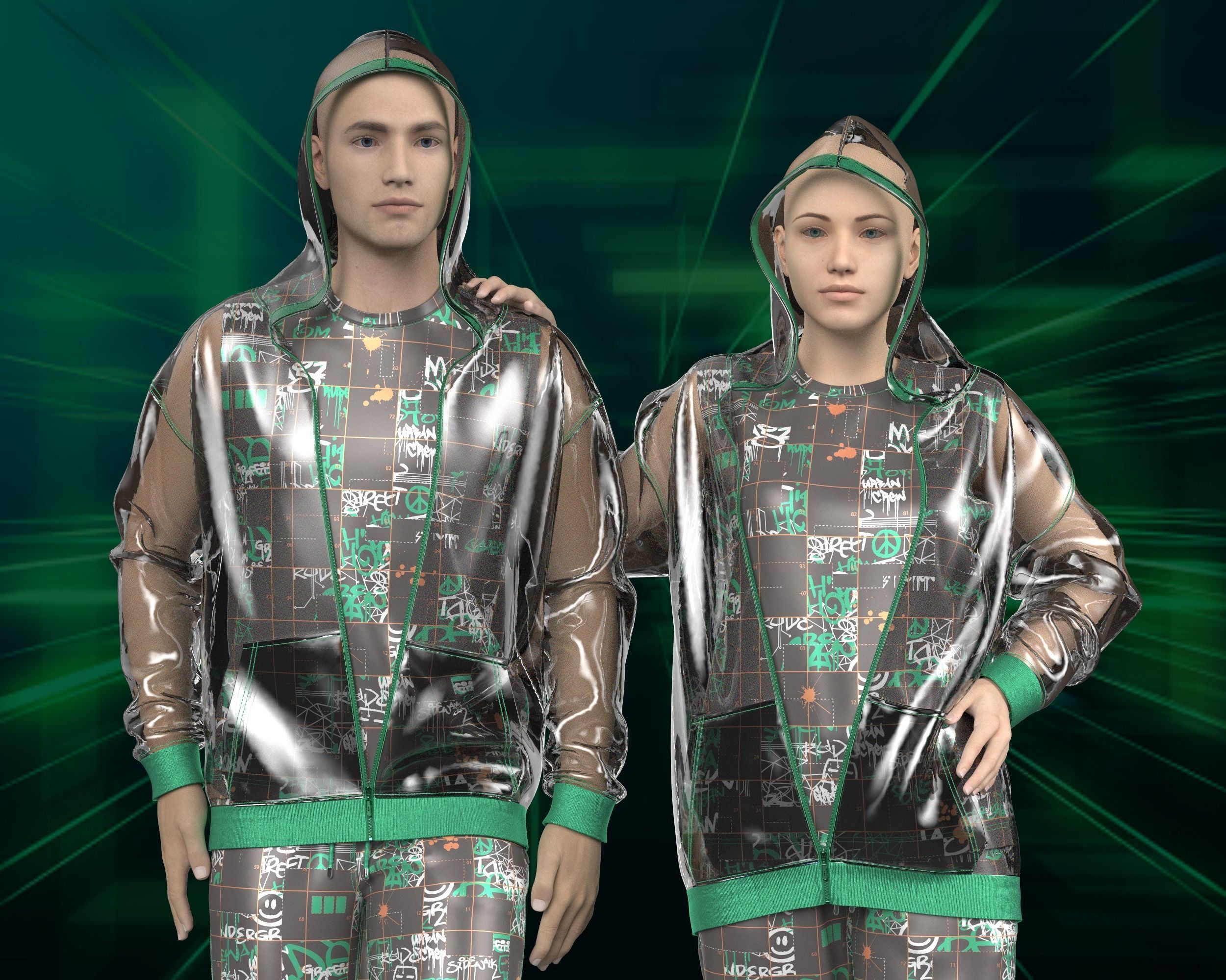 Unisex hoodie with transparency in graffiti Print 3D model_3