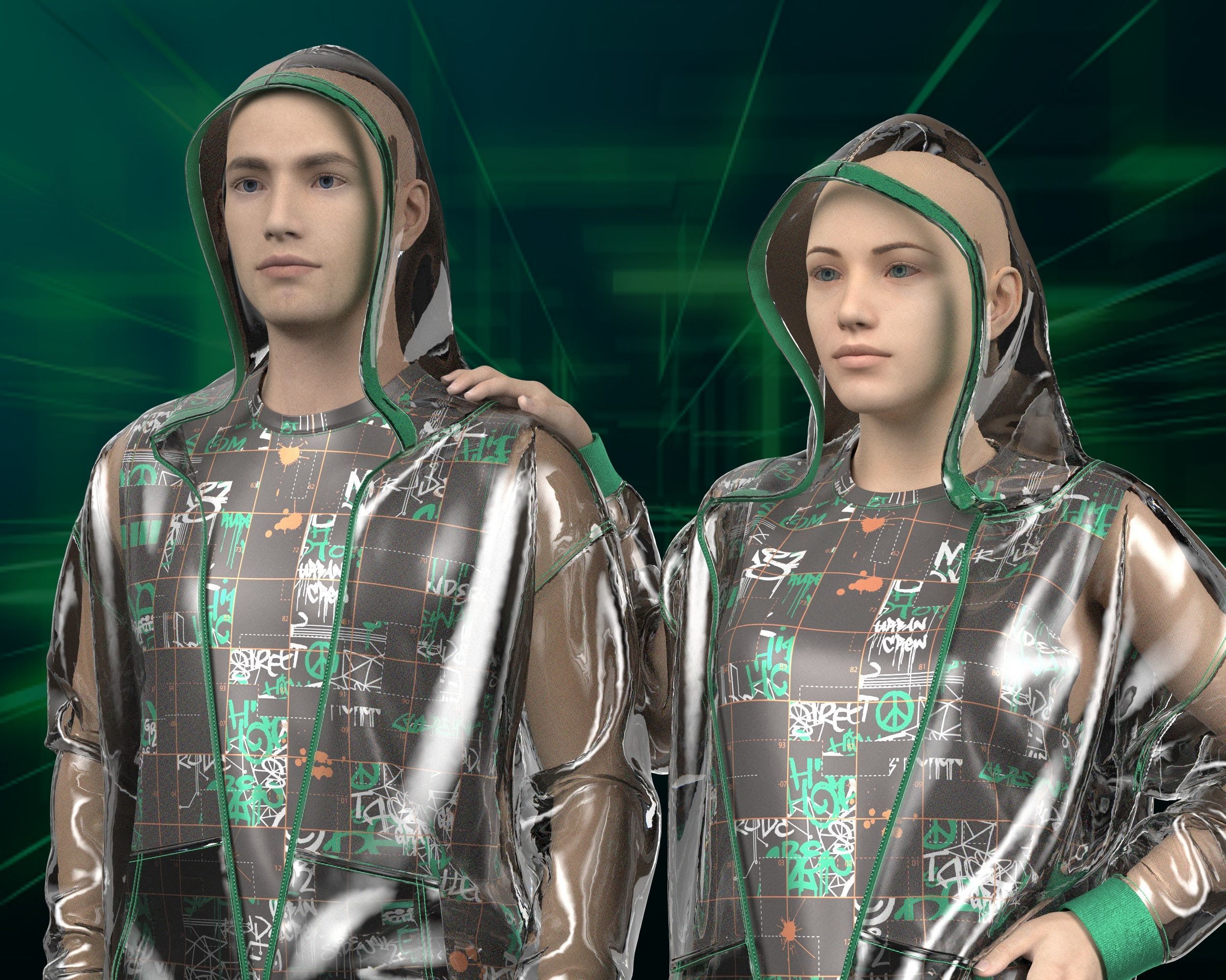 Unisex hoodie with transparency in graffiti Print 3D model_4