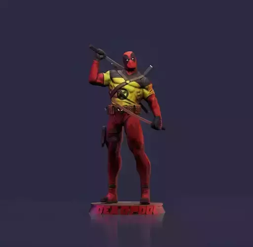 Deadpool statue of man holding sword