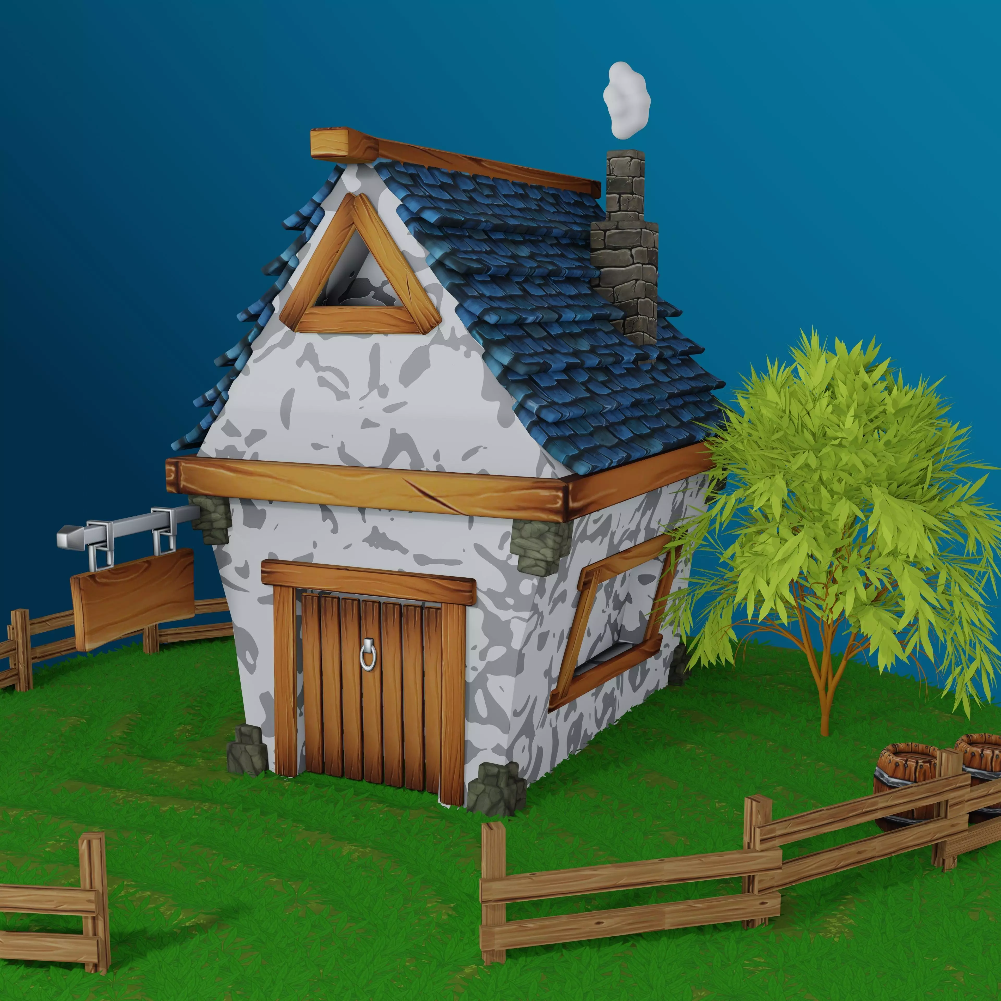 House on a cliff with a wooden fence 3D model_0