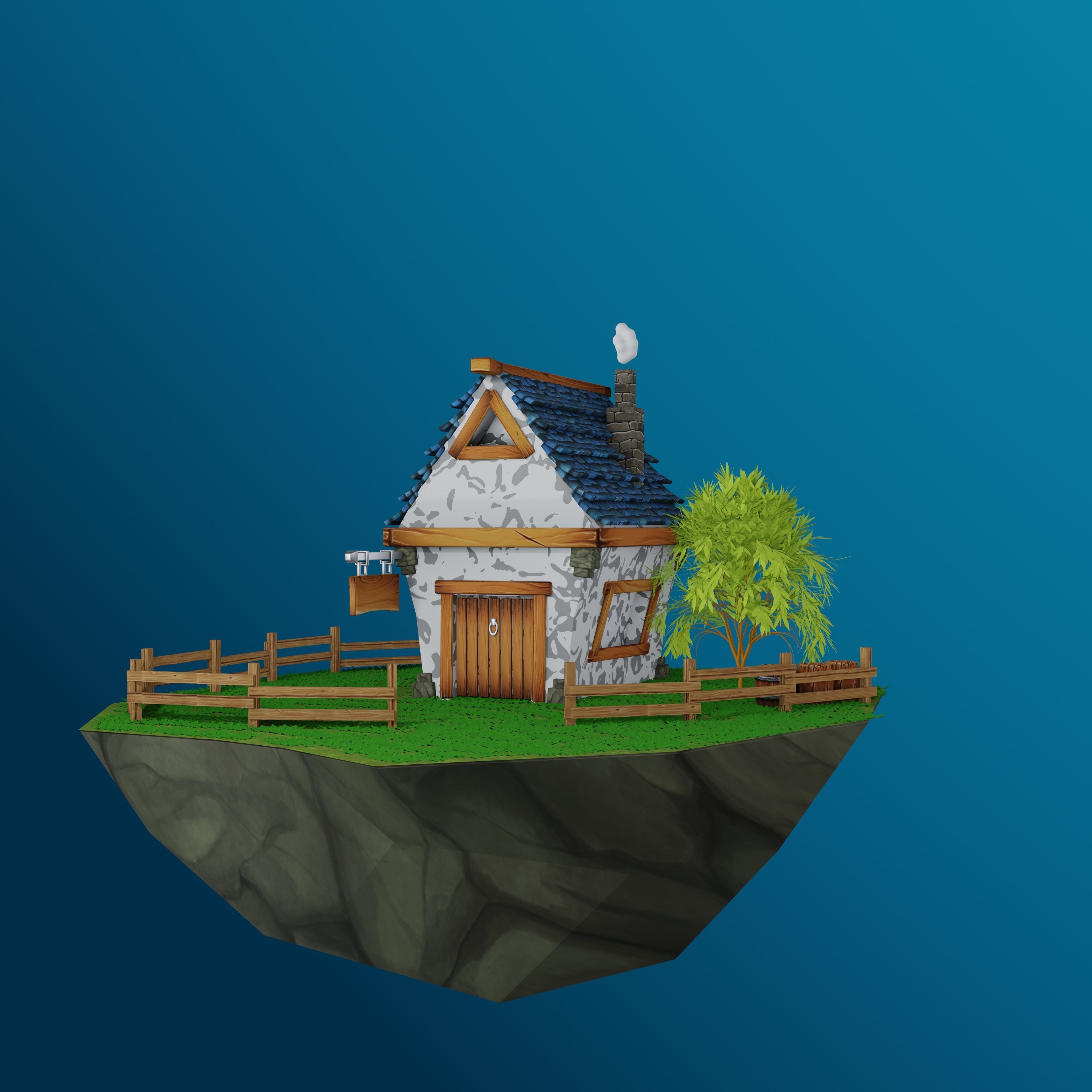 House on a cliff with a wooden fence 3D model_4