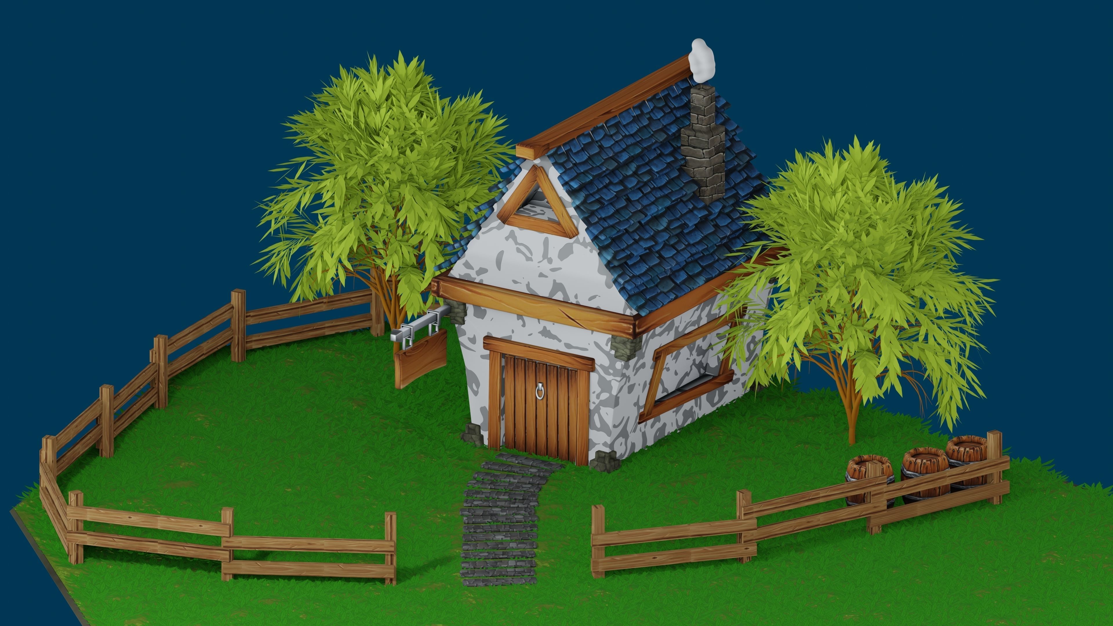 House on a cliff with a wooden fence 3D model_3