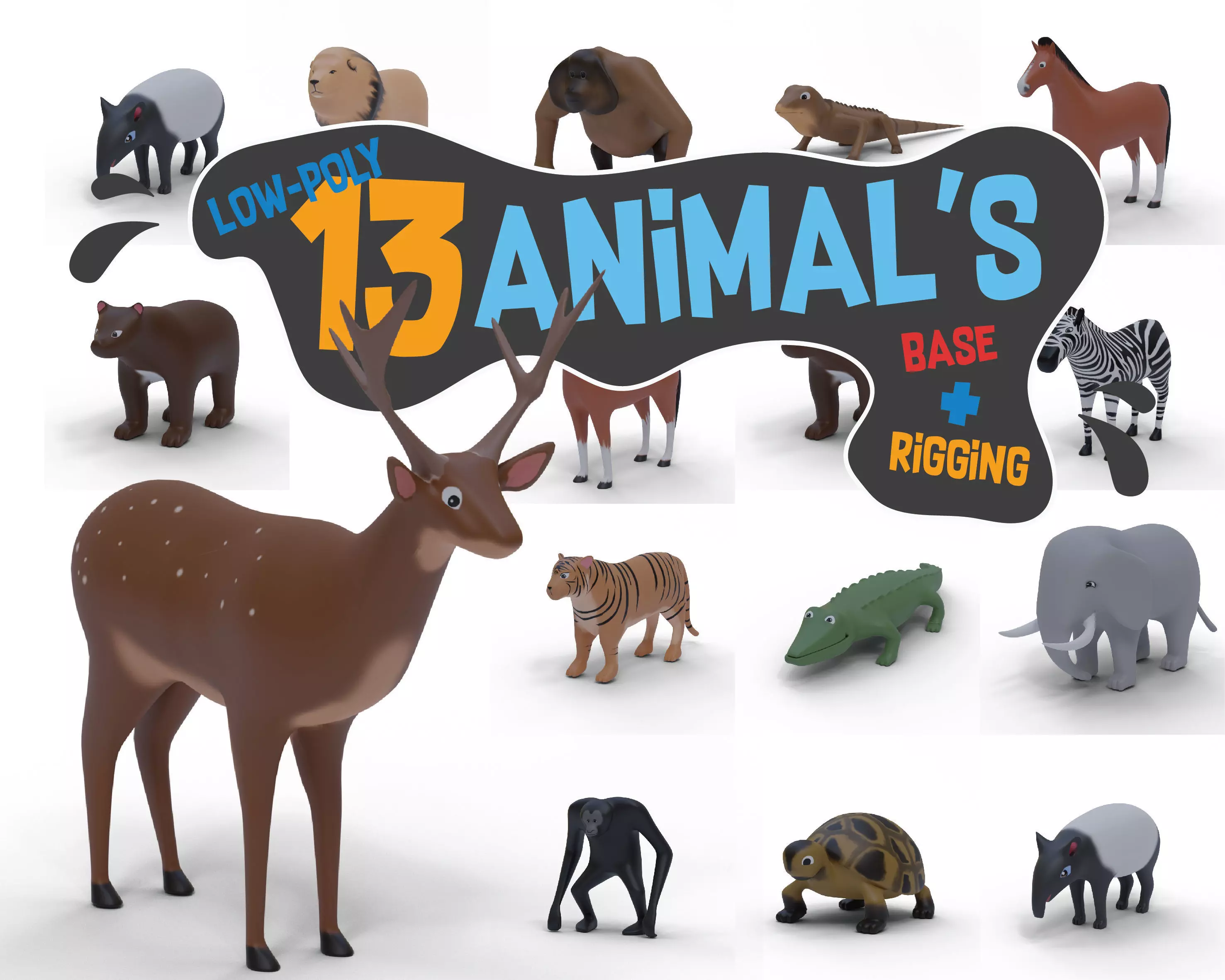 13 Animals Base Meshes Low-poly 3D model Low-poly 3D model_0