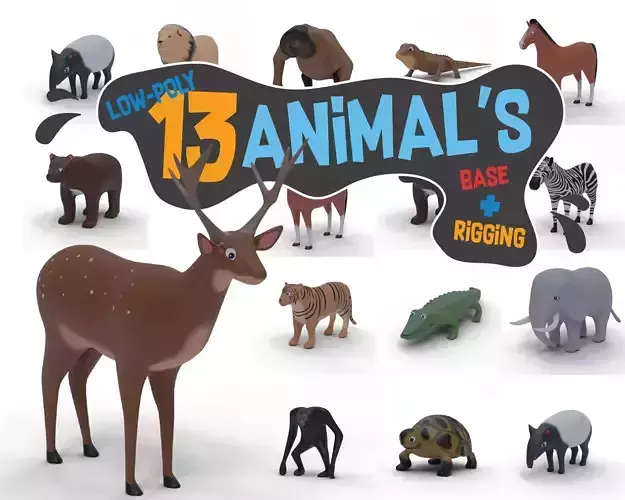 13 Animals Base Meshes Low-poly 3D model