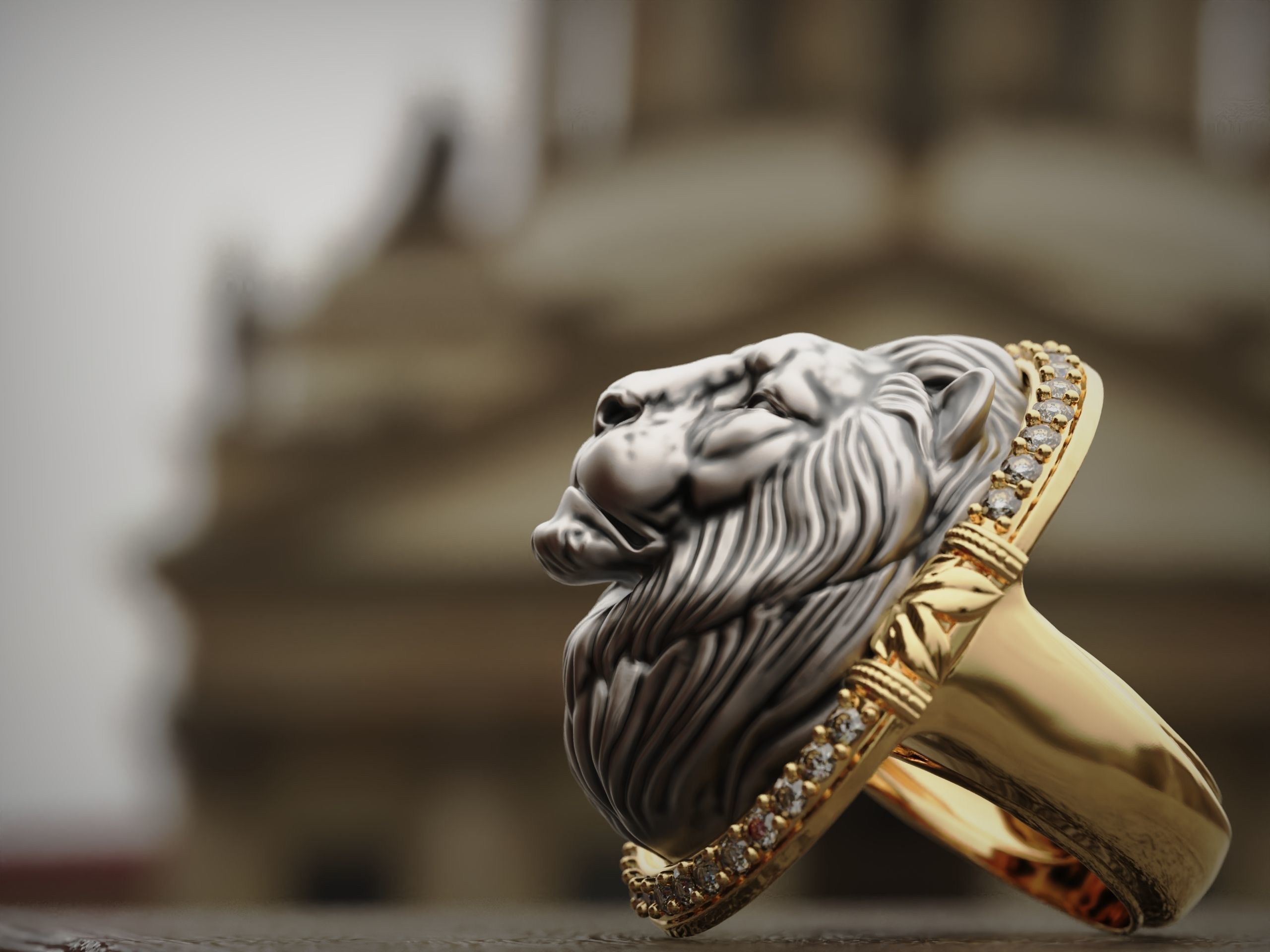 Classic Ring Lion with diamonds 3D print model_3
