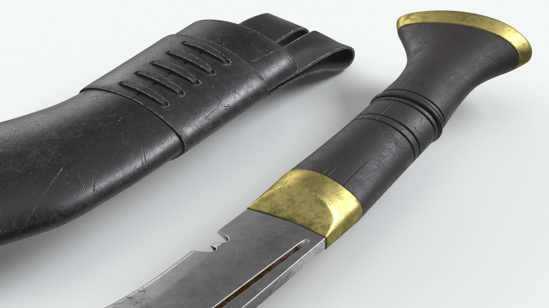 Old Classic Kukri with a leather scabbard Low-poly 3D model_17