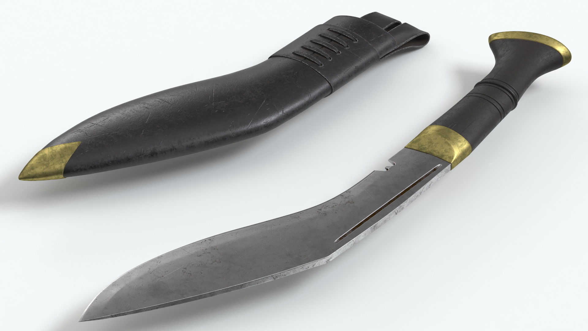 Old Classic Kukri with a leather scabbard Low-poly 3D model_14