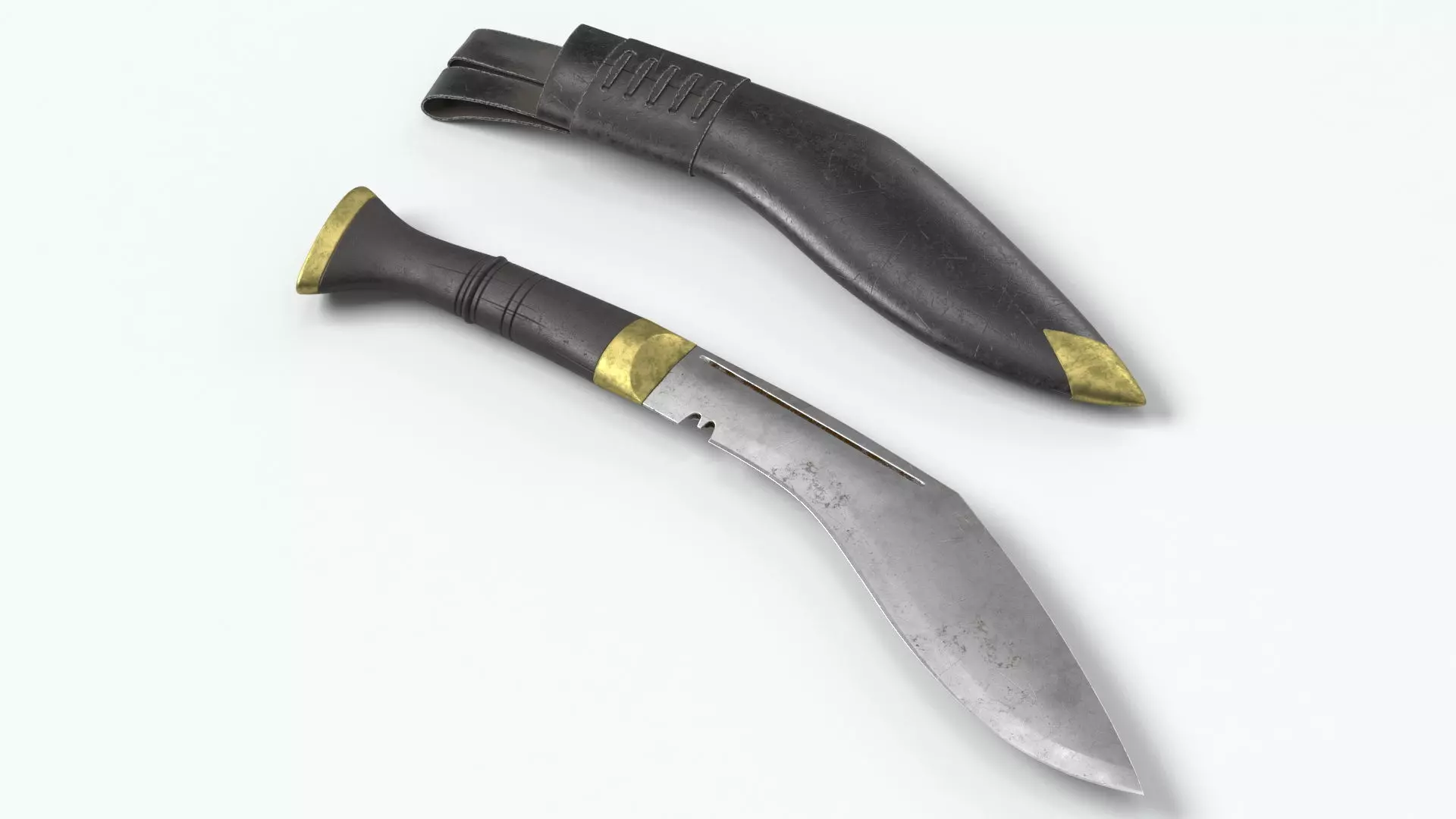 Old Classic Kukri with a leather scabbard Low-poly 3D model_0