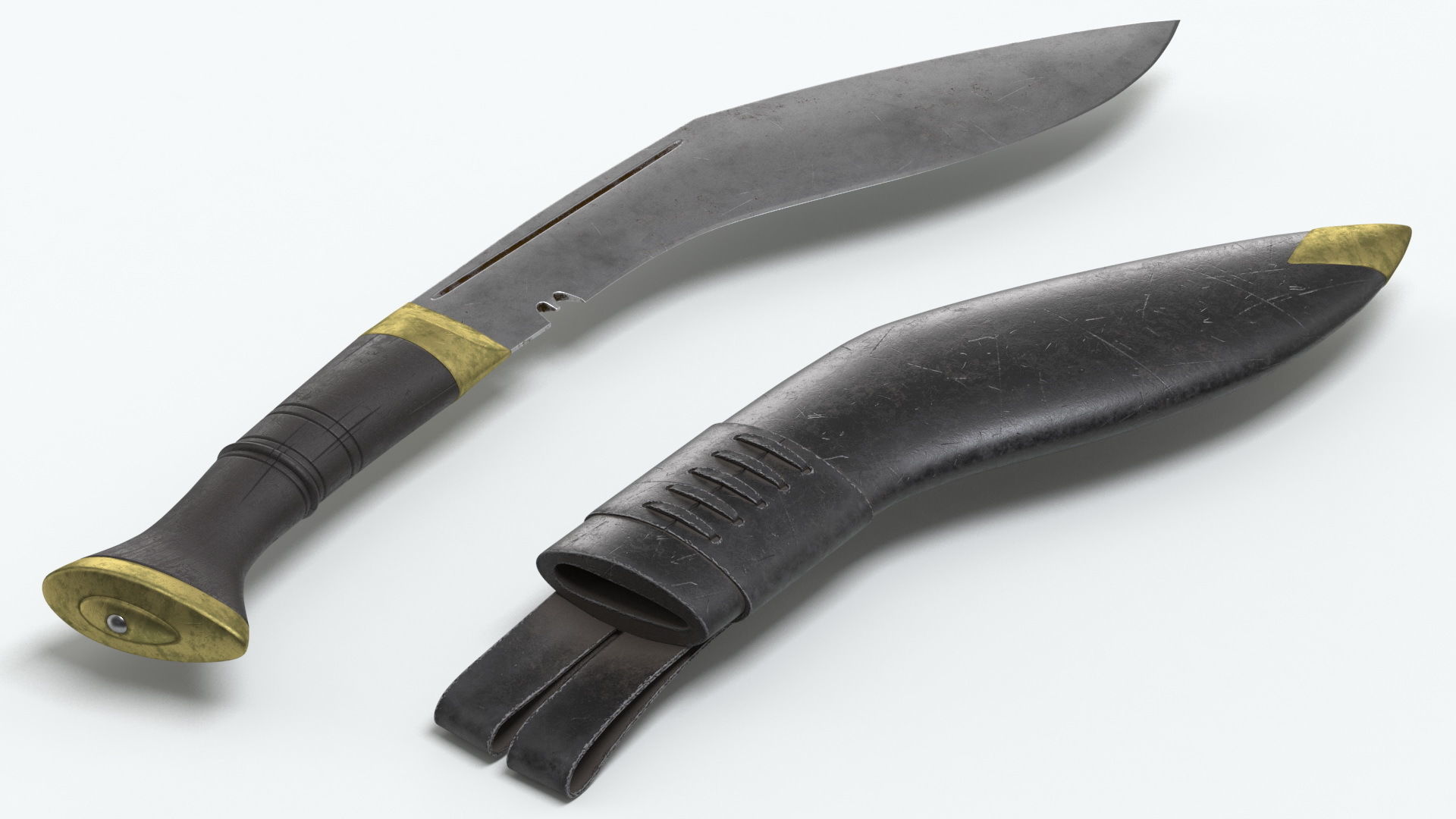 Old Classic Kukri with a leather scabbard Low-poly 3D model_13