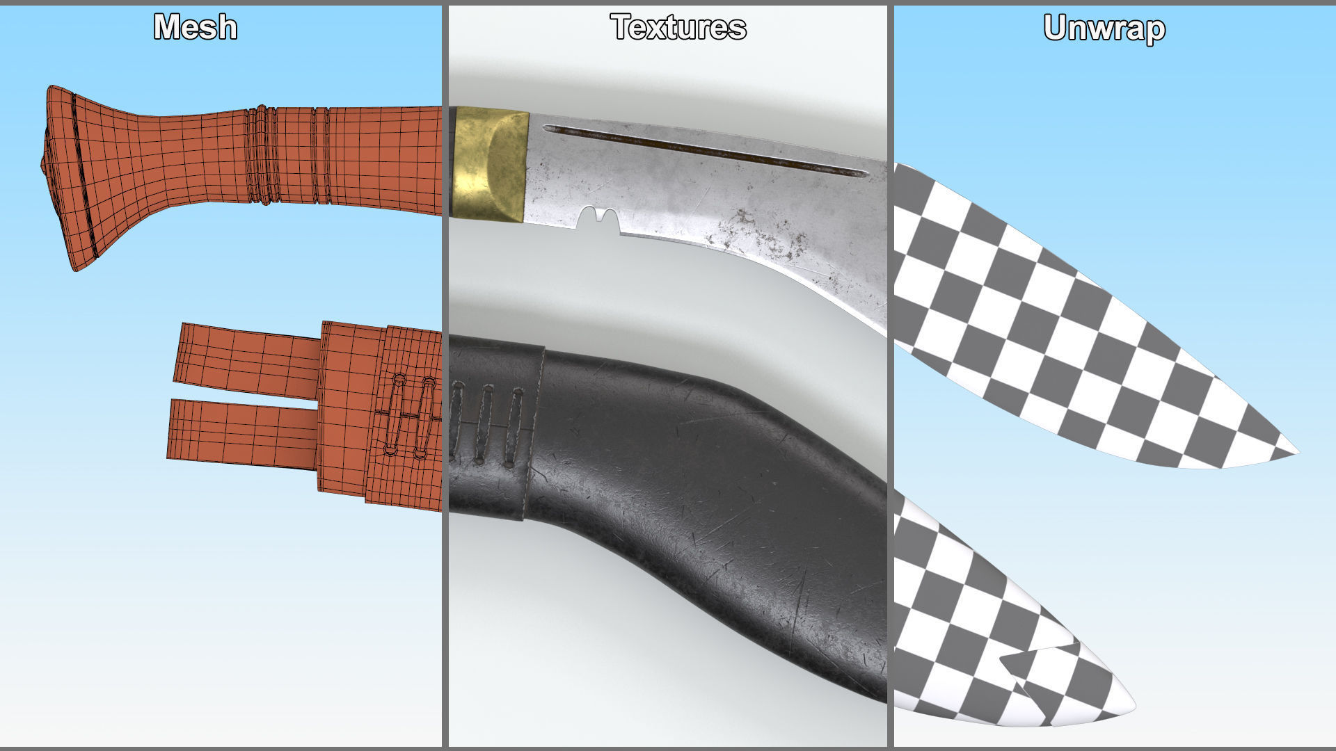 Old Classic Kukri with a leather scabbard Low-poly 3D model_19