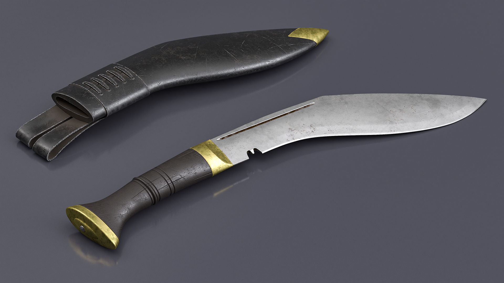 Old Classic Kukri with a leather scabbard Low-poly 3D model_2