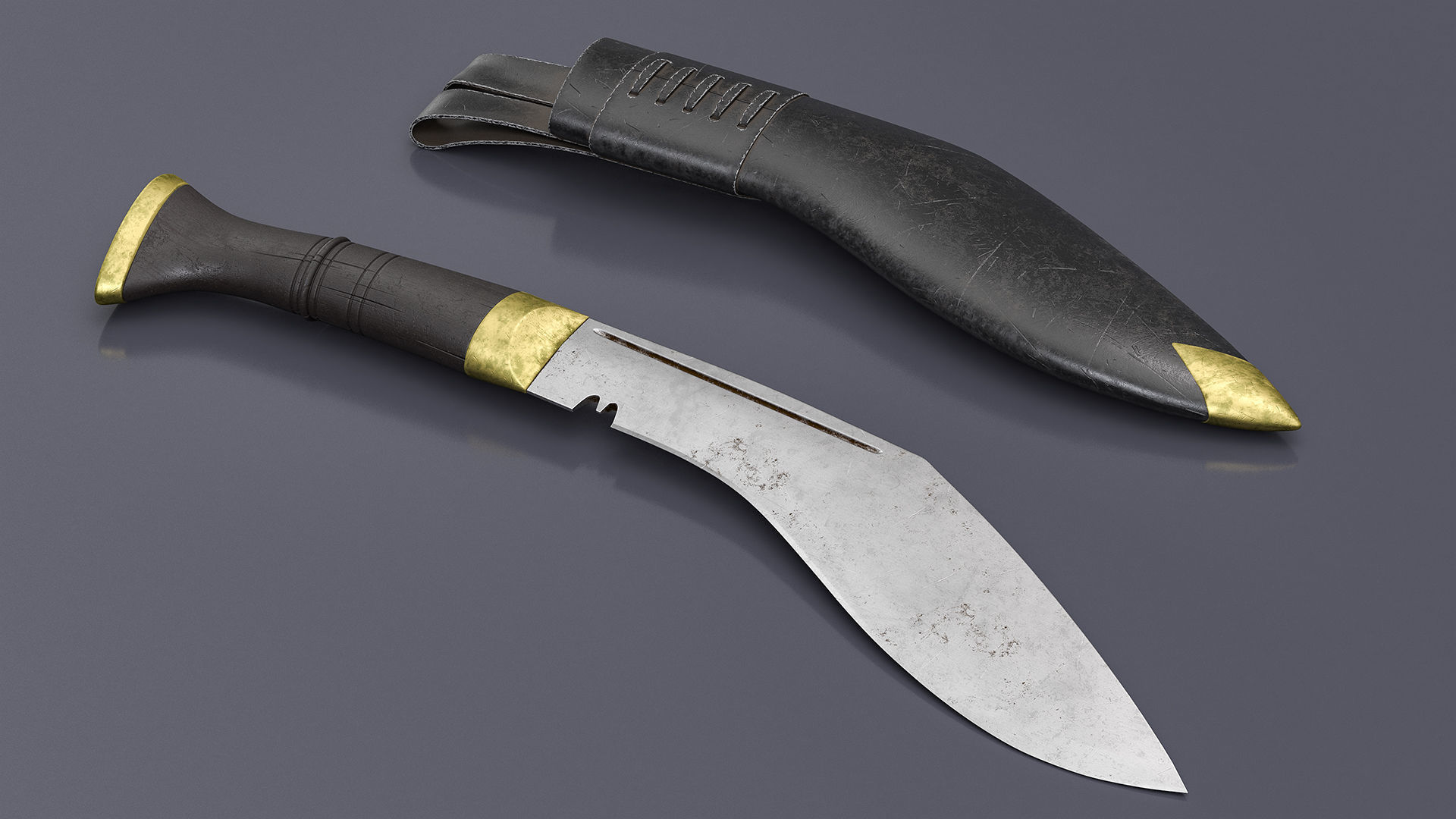 Old Classic Kukri with a leather scabbard Low-poly 3D model_3