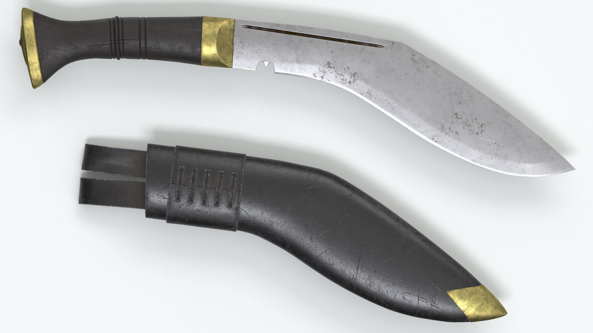 Old Classic Kukri with a leather scabbard Low-poly 3D model_7