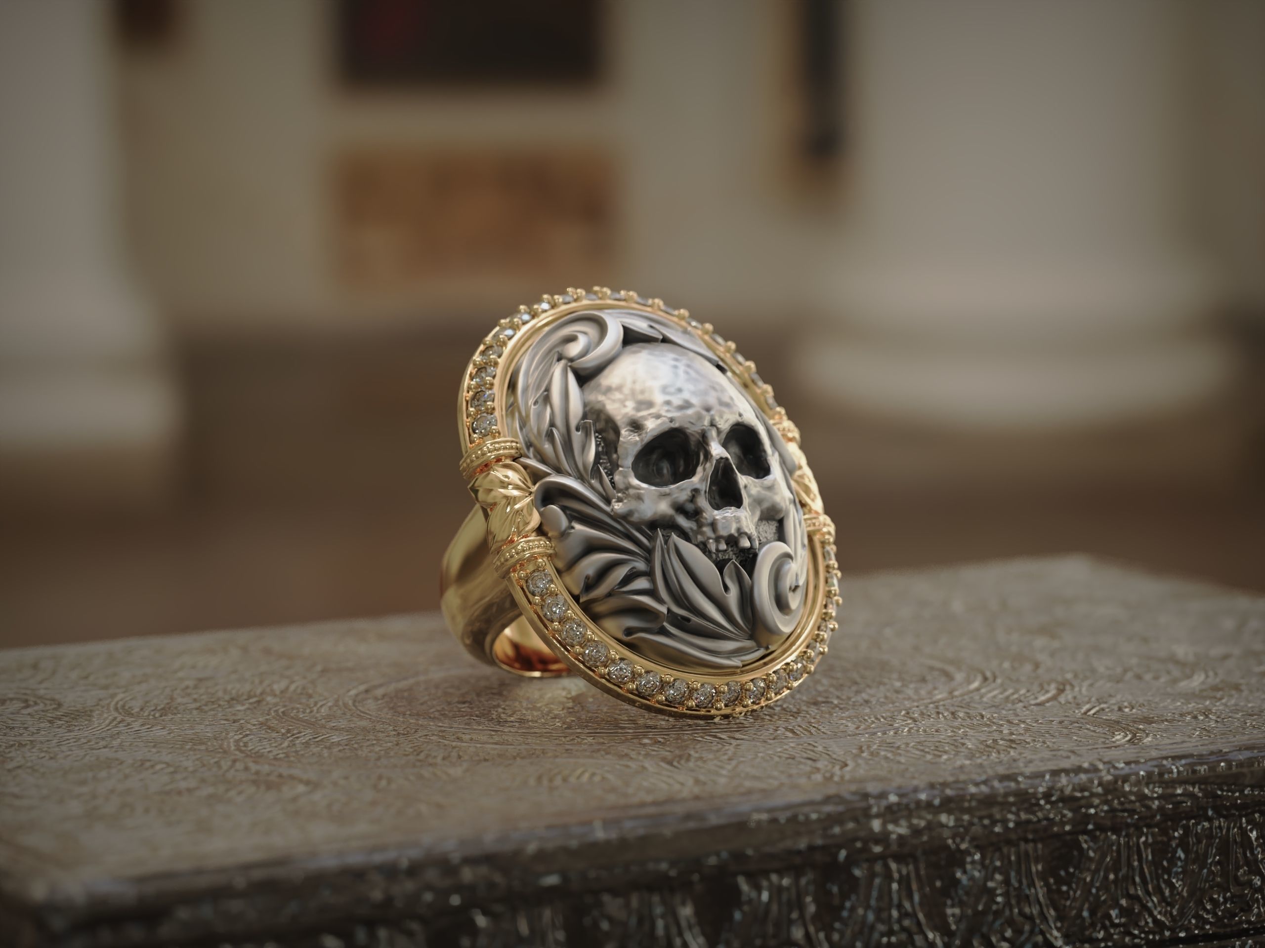 Classic Ring Skull with diamonds 3D print model_4