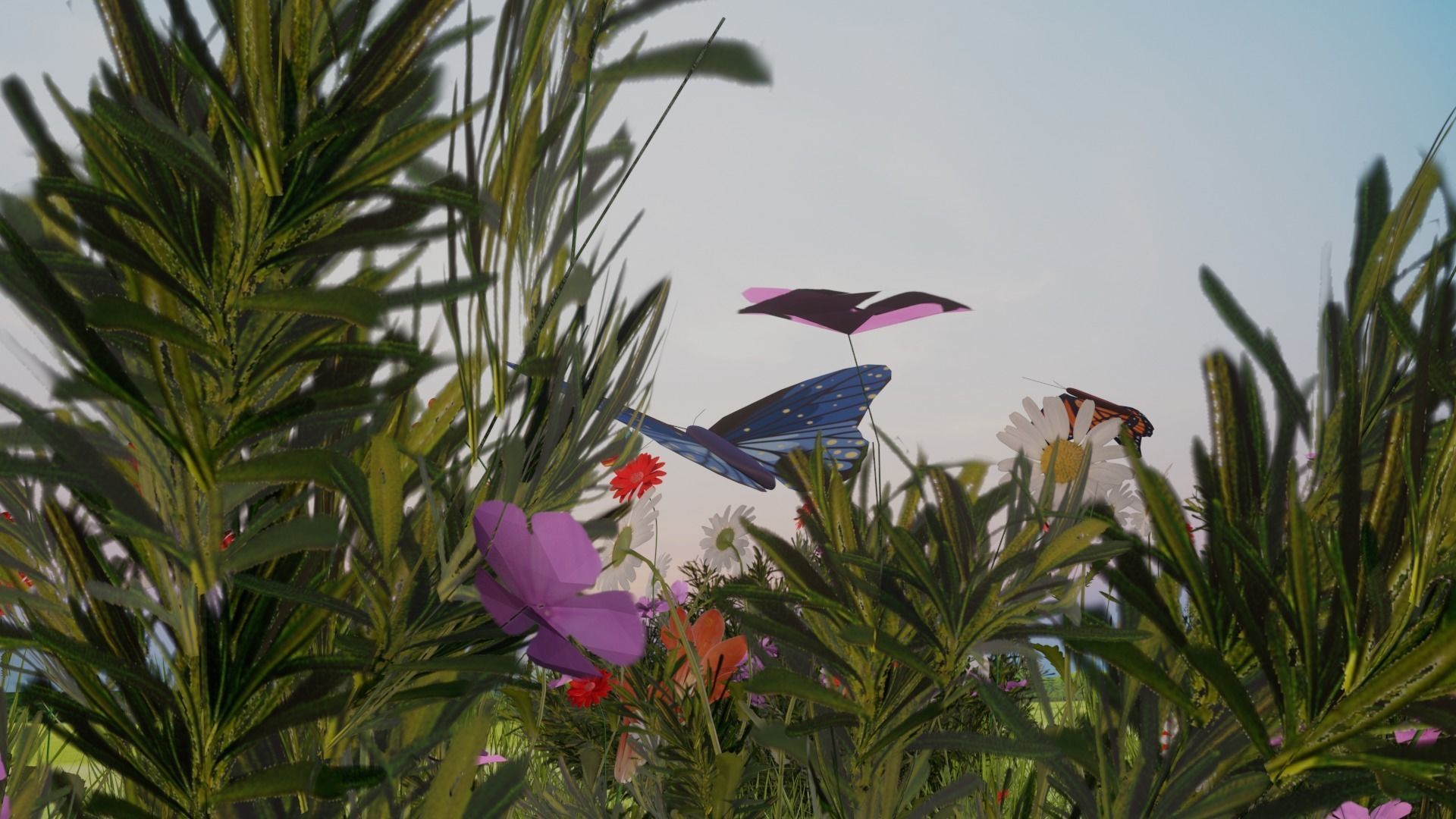Beautiful Animated Windy Grass field flowers with Butterflies 3D model_4