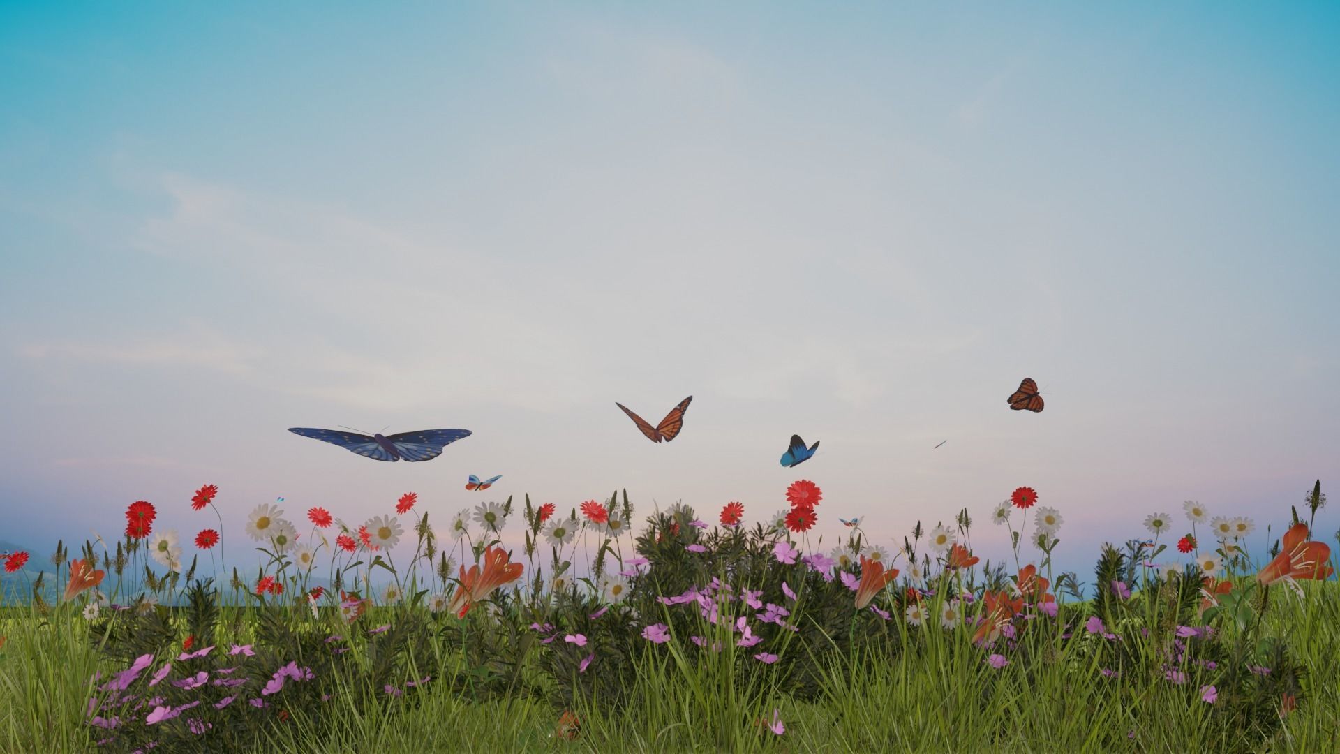 Beautiful Animated Windy Grass field flowers with Butterflies 3D model_1