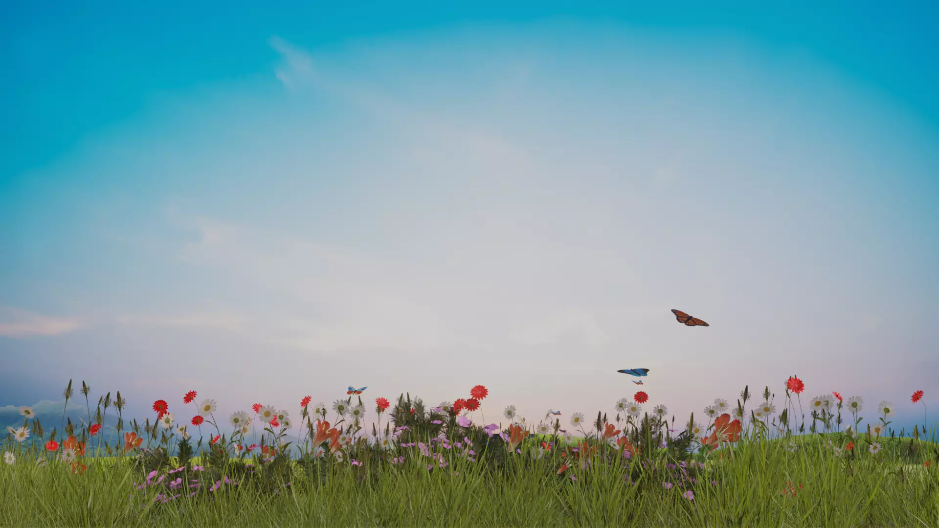 Beautiful Animated Windy Grass field flowers with Butterflies 3D model_0