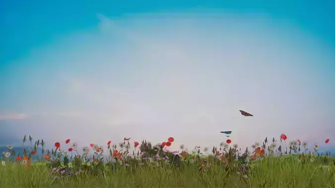 Beautiful Animated Windy Grass field flowers with Butterflies