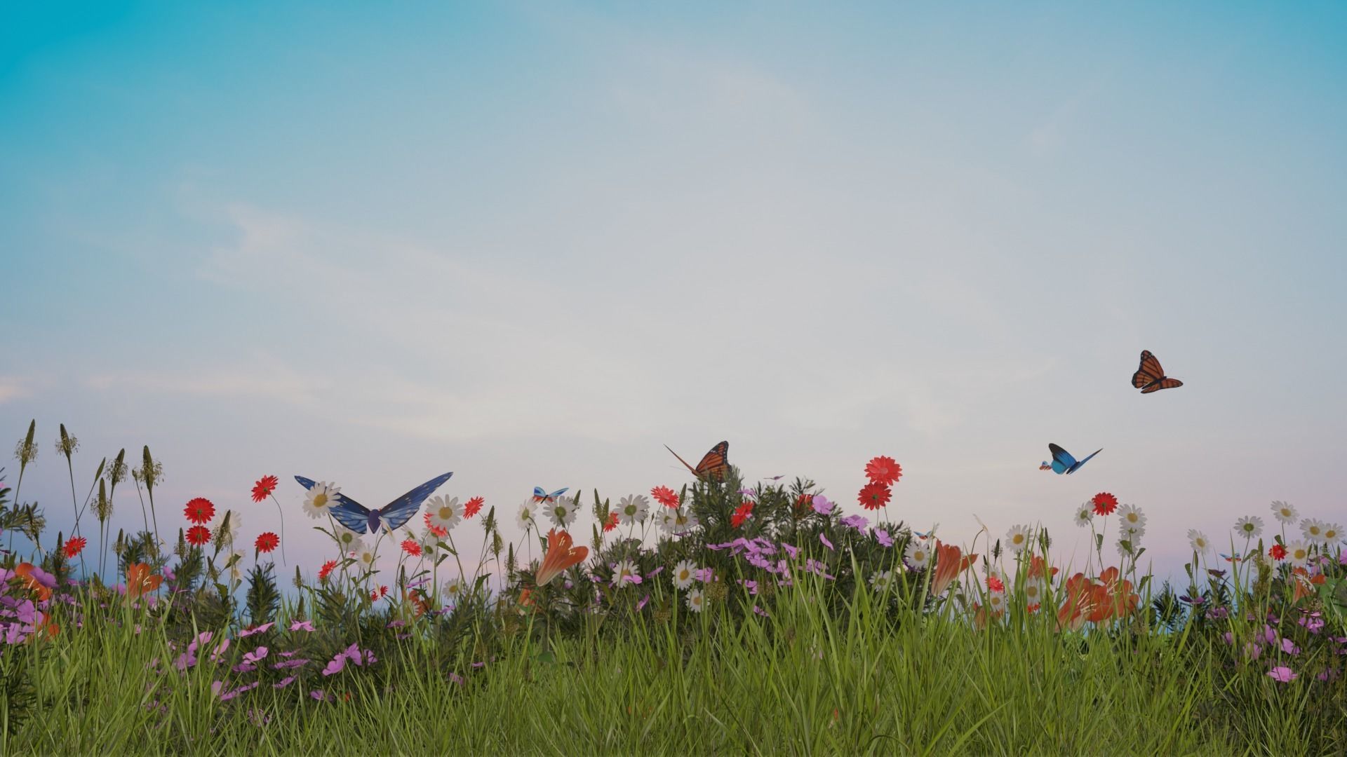 Beautiful Animated Windy Grass field flowers with Butterflies 3D model_3