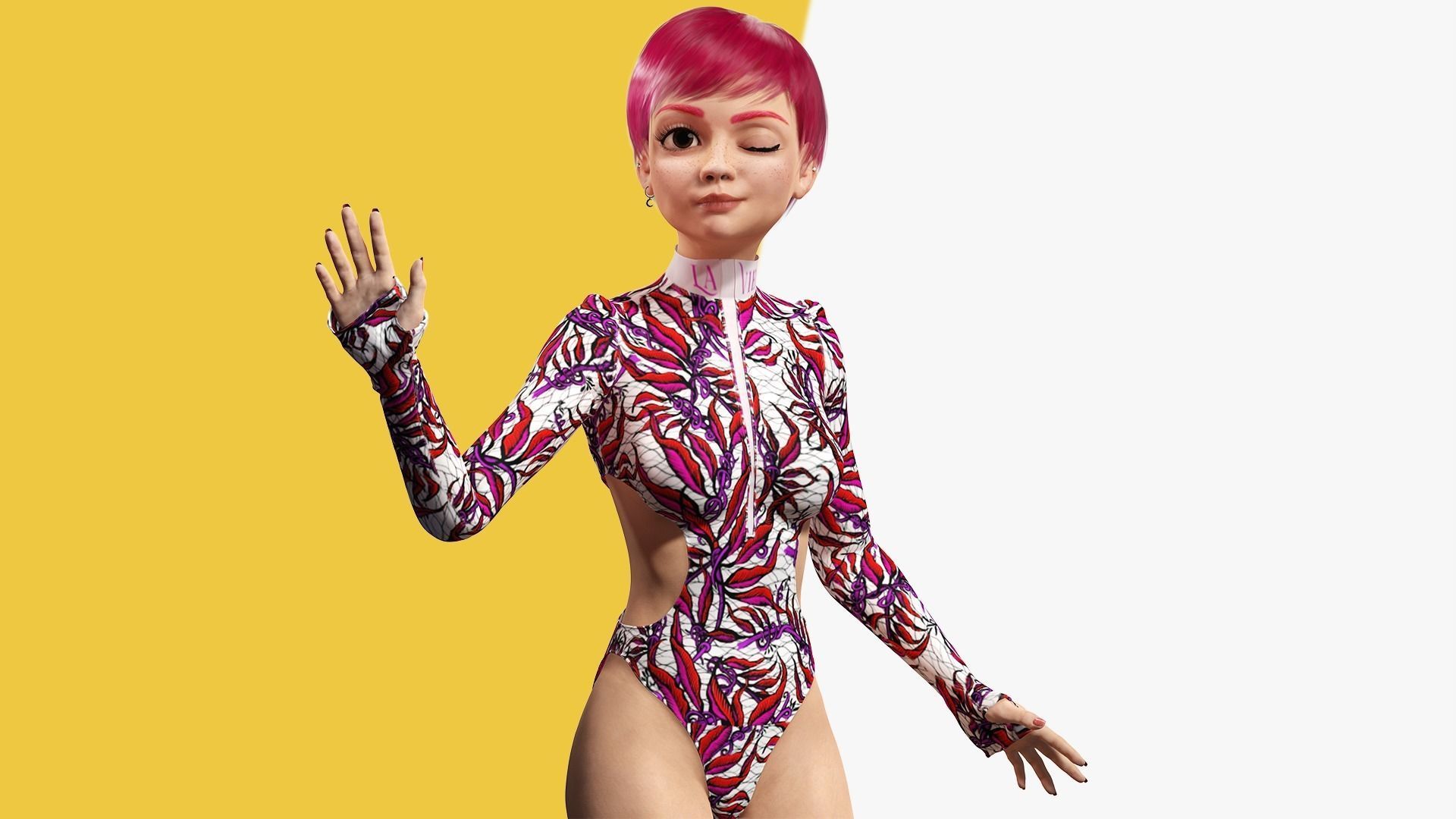 Red Realistic stylized cartoon Female Low-poly 3D model_14