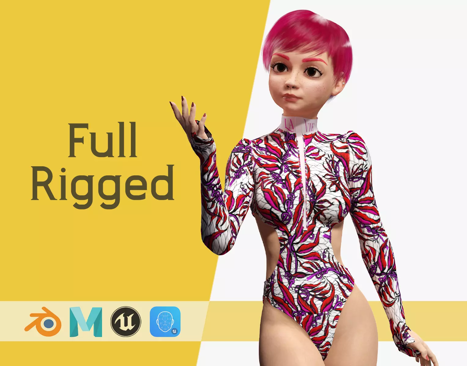 Red Realistic stylized cartoon Female Low-poly 3D model_0