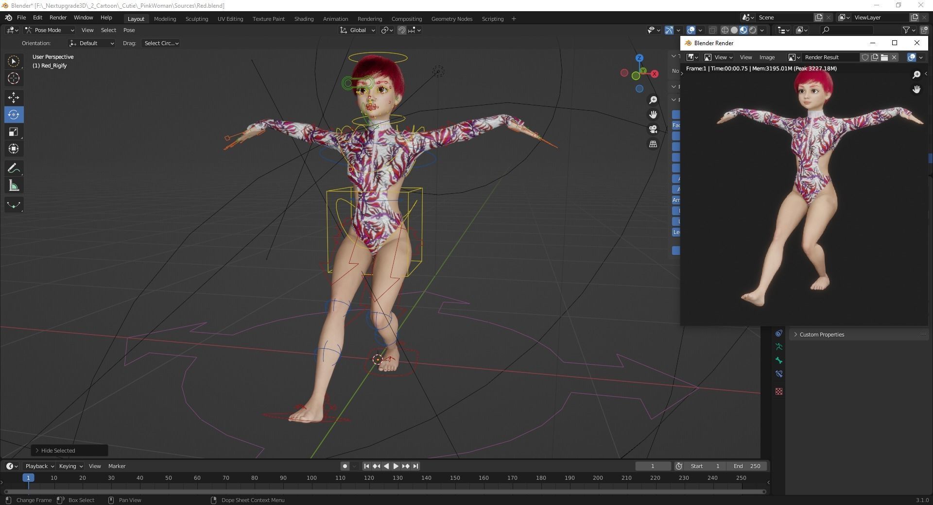 Red Realistic stylized cartoon Female Low-poly 3D model_23