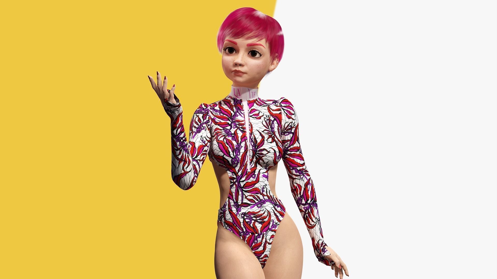 Red Realistic stylized cartoon Female Low-poly 3D model_10